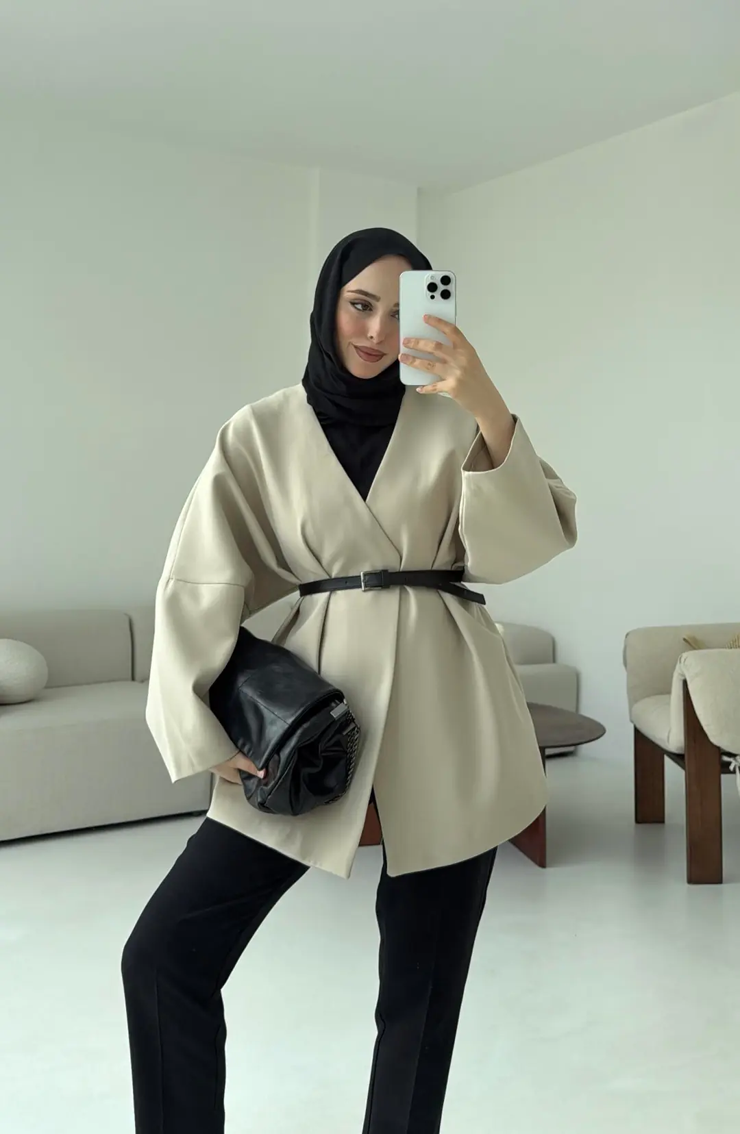 Deri Kemer Detay Oversize Ceket Taş - Görsel 4