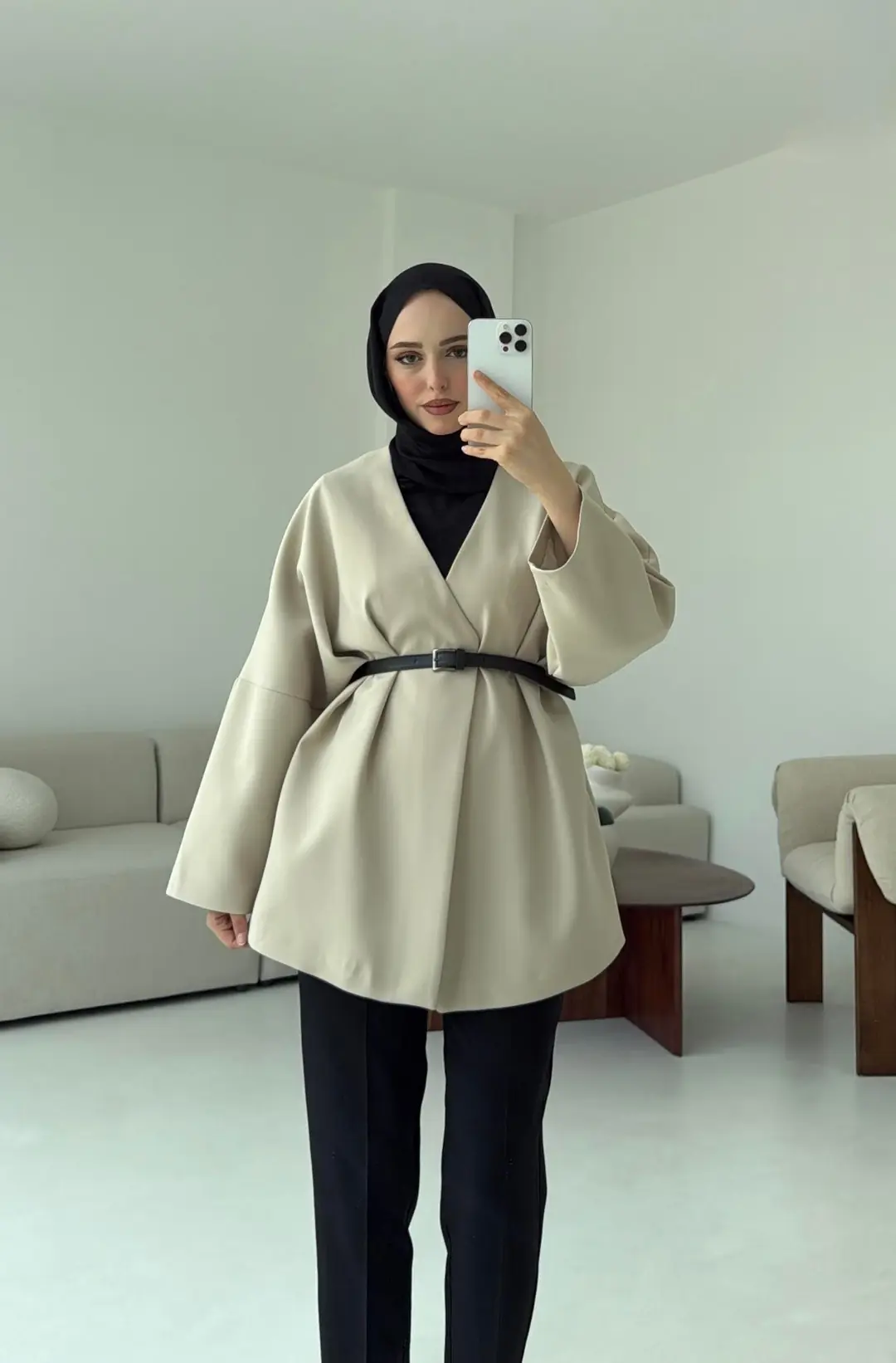 Deri Kemer Detay Oversize Ceket Taş - Görsel 5