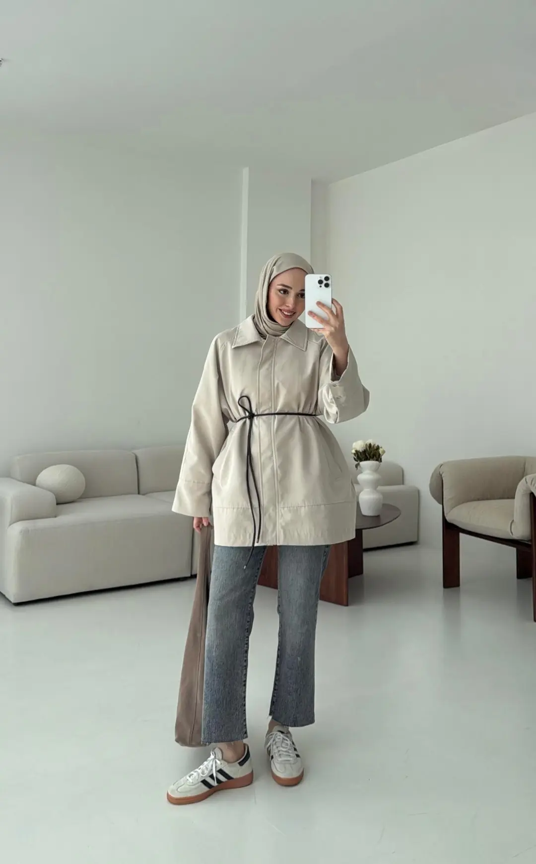 Deri Kemerli Premium Astarlı Fermuarlı Trençkot Bej