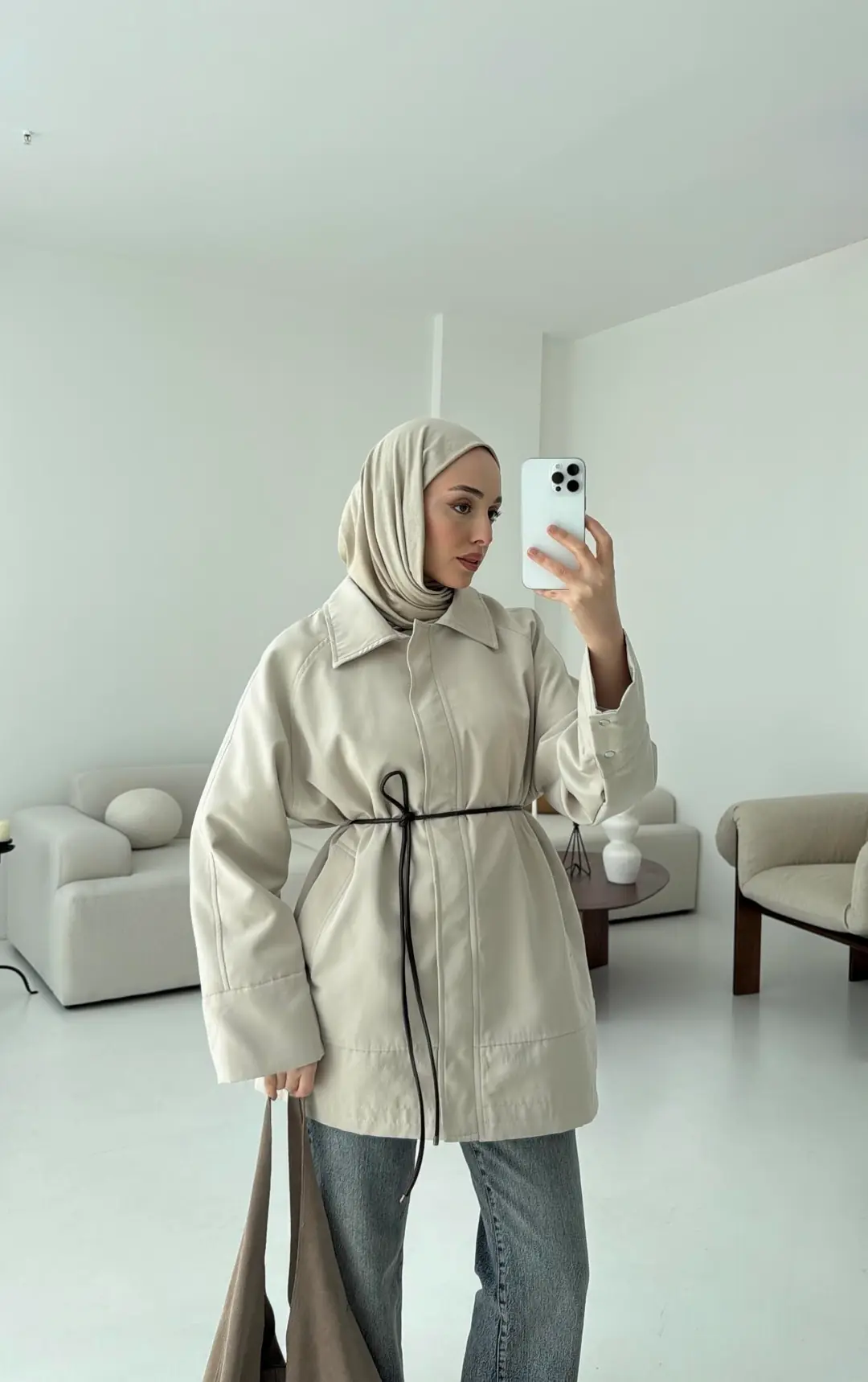 Deri Kemerli Premium Astarlı Fermuarlı Trençkot Bej - Görsel 2