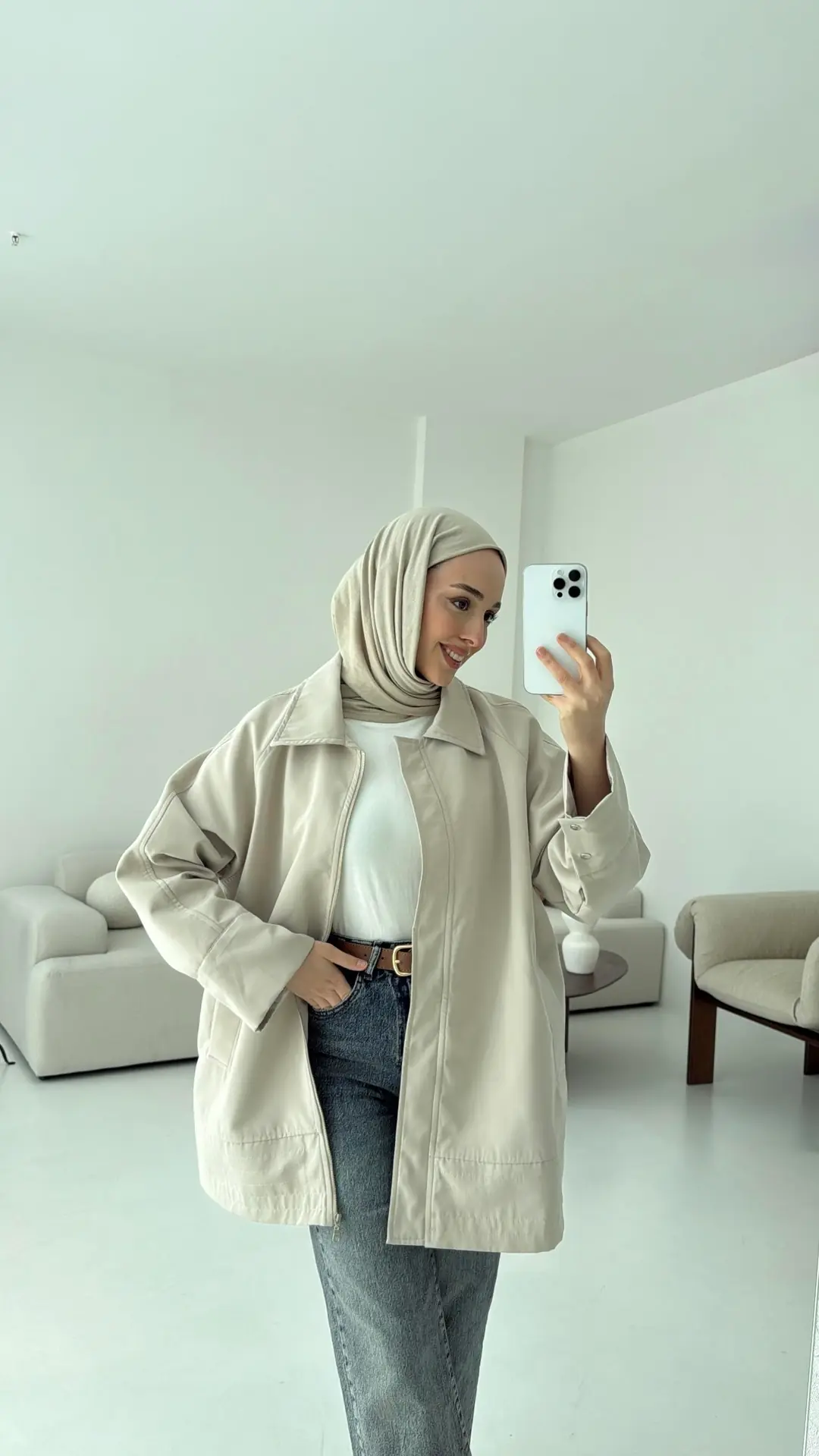 Deri Kemerli Premium Astarlı Fermuarlı Trençkot Bej - Görsel 4