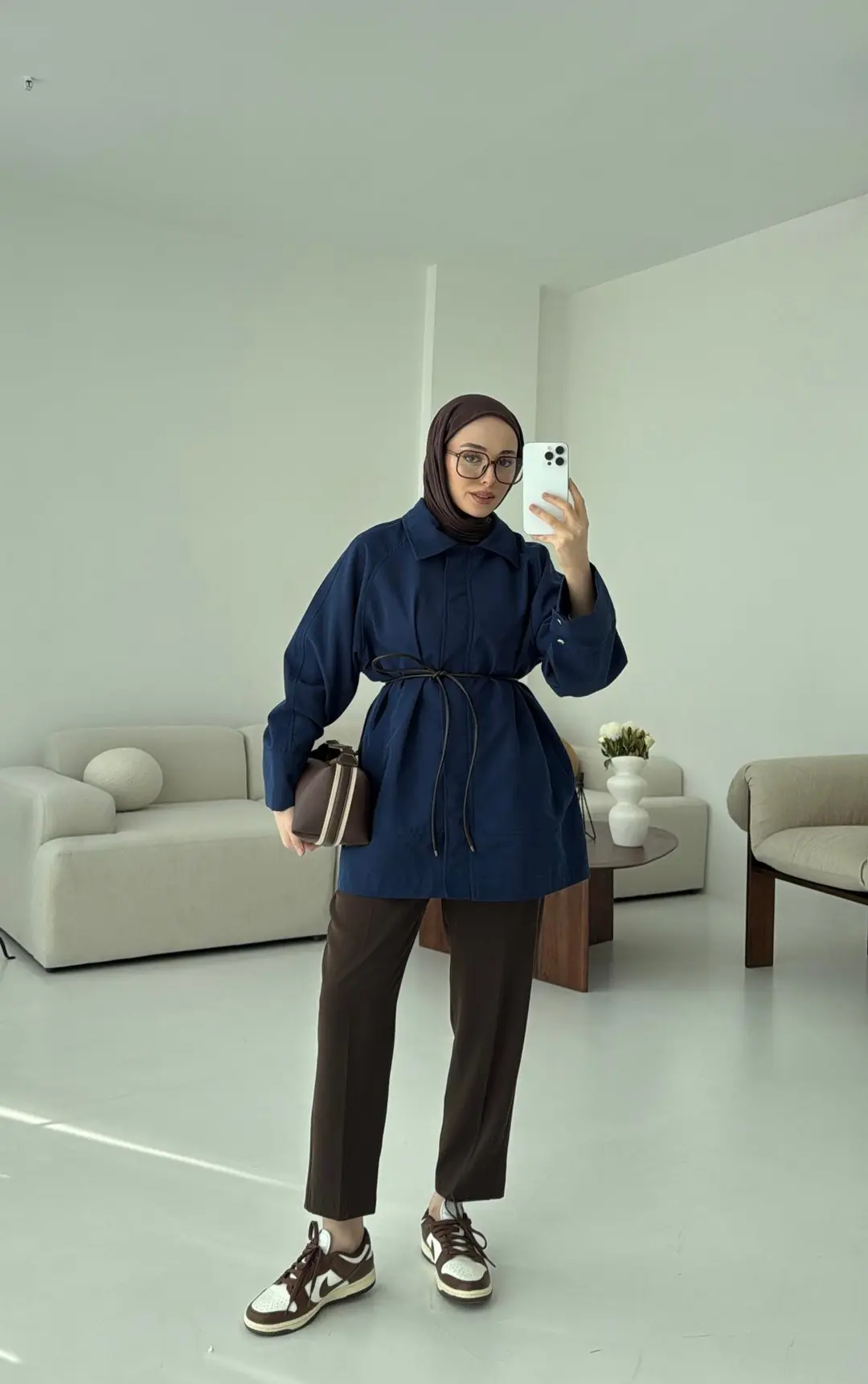 Deri Kemerli Premium Astarlı Fermuarlı Trençkot Lacivert - Görsel 3