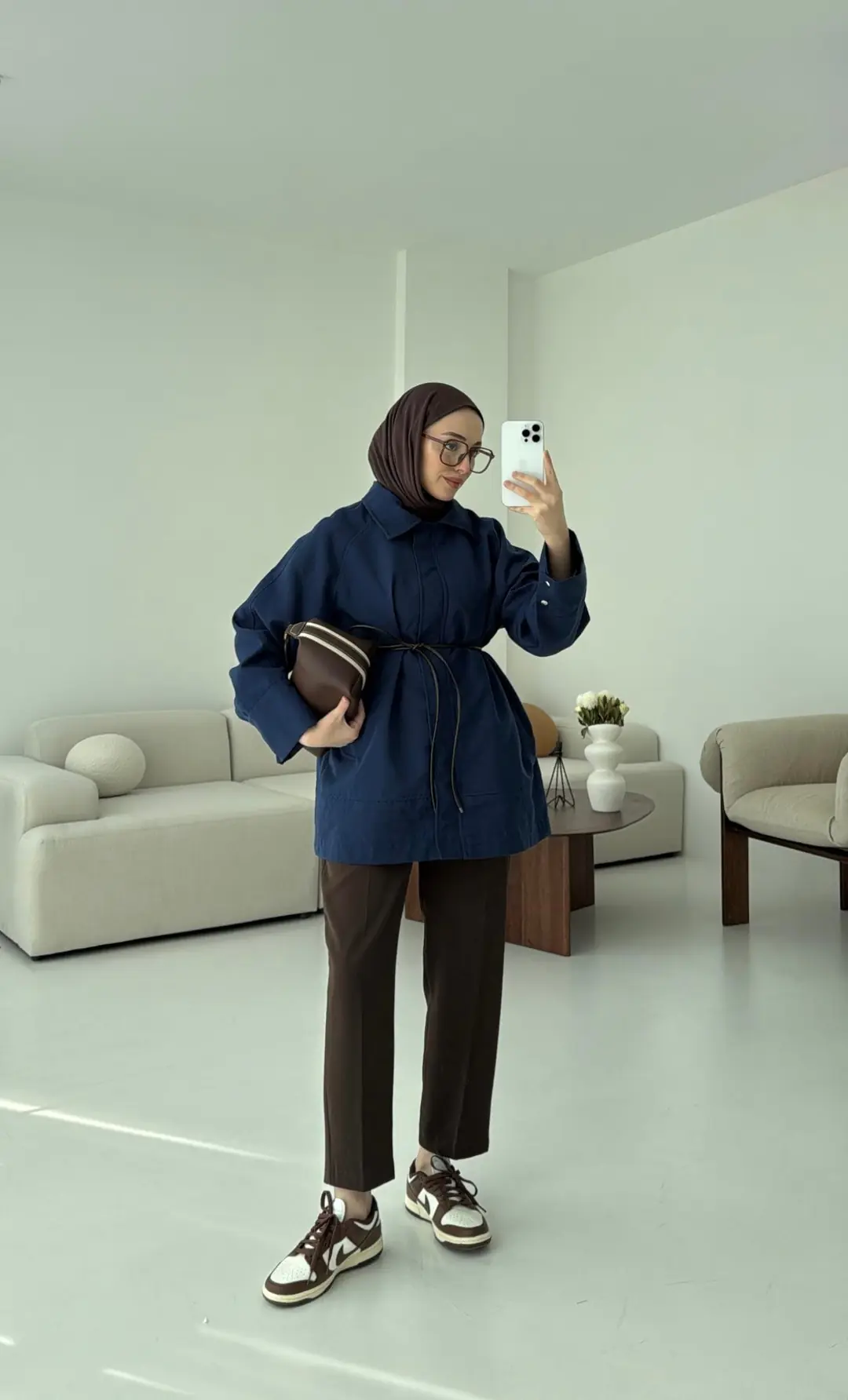 Deri Kemerli Premium Astarlı Fermuarlı Trençkot Lacivert - Görsel 4