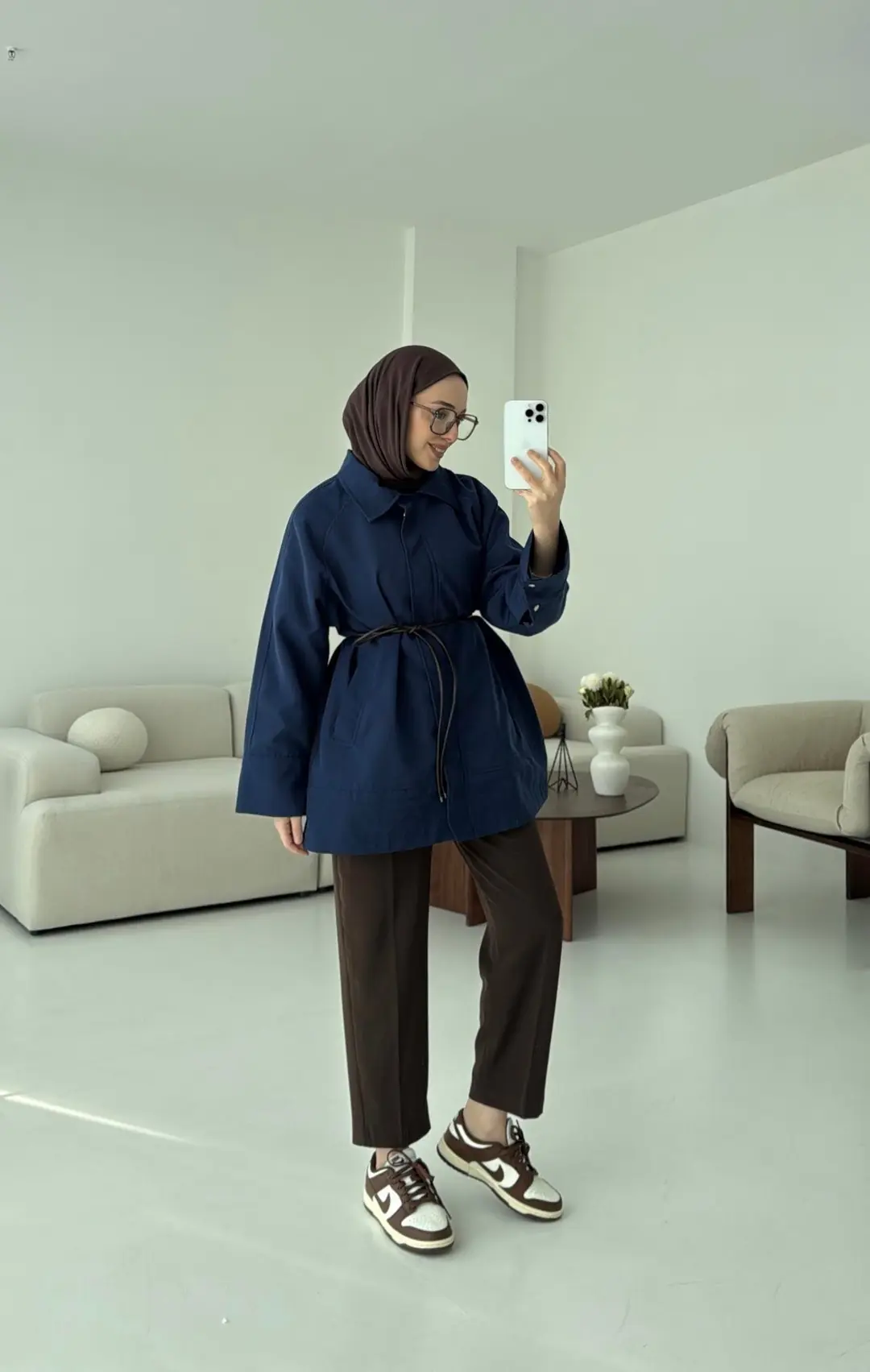 Deri Kemerli Premium Astarlı Fermuarlı Trençkot Lacivert - Görsel 6