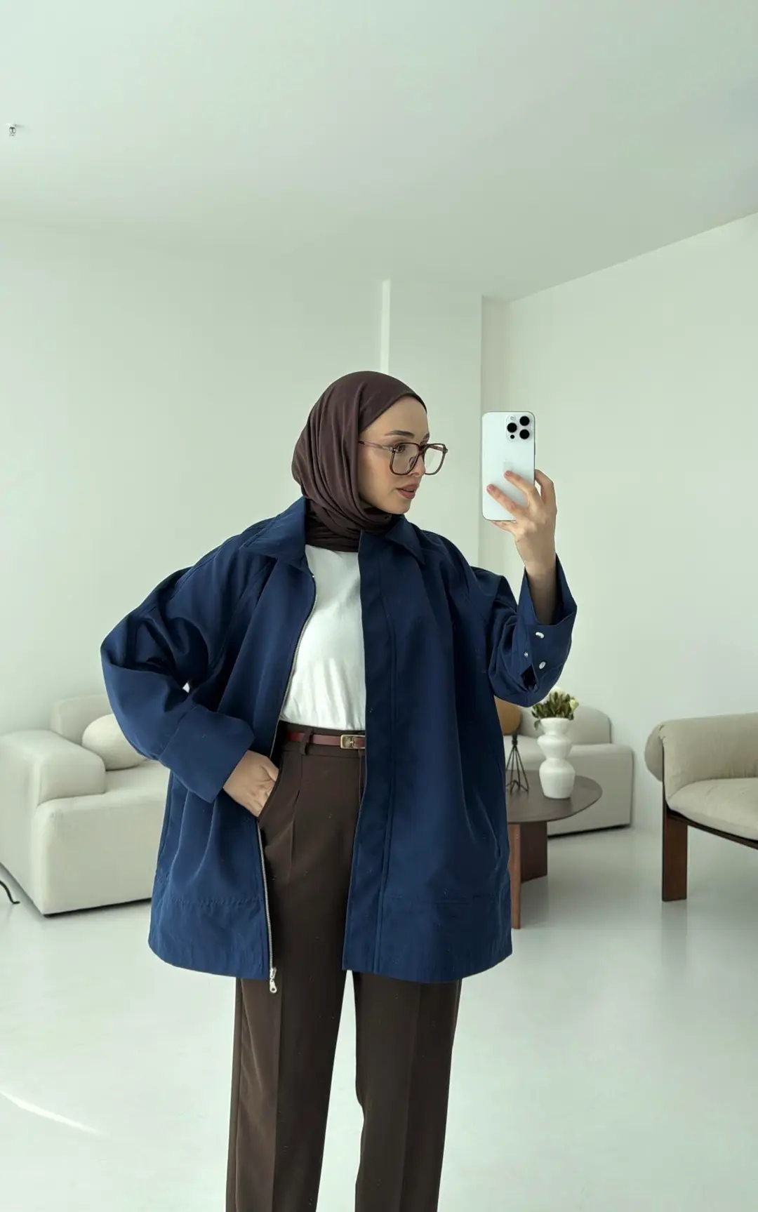 Deri Kemerli Premium Astarlı Fermuarlı Trençkot Lacivert - Görsel 8