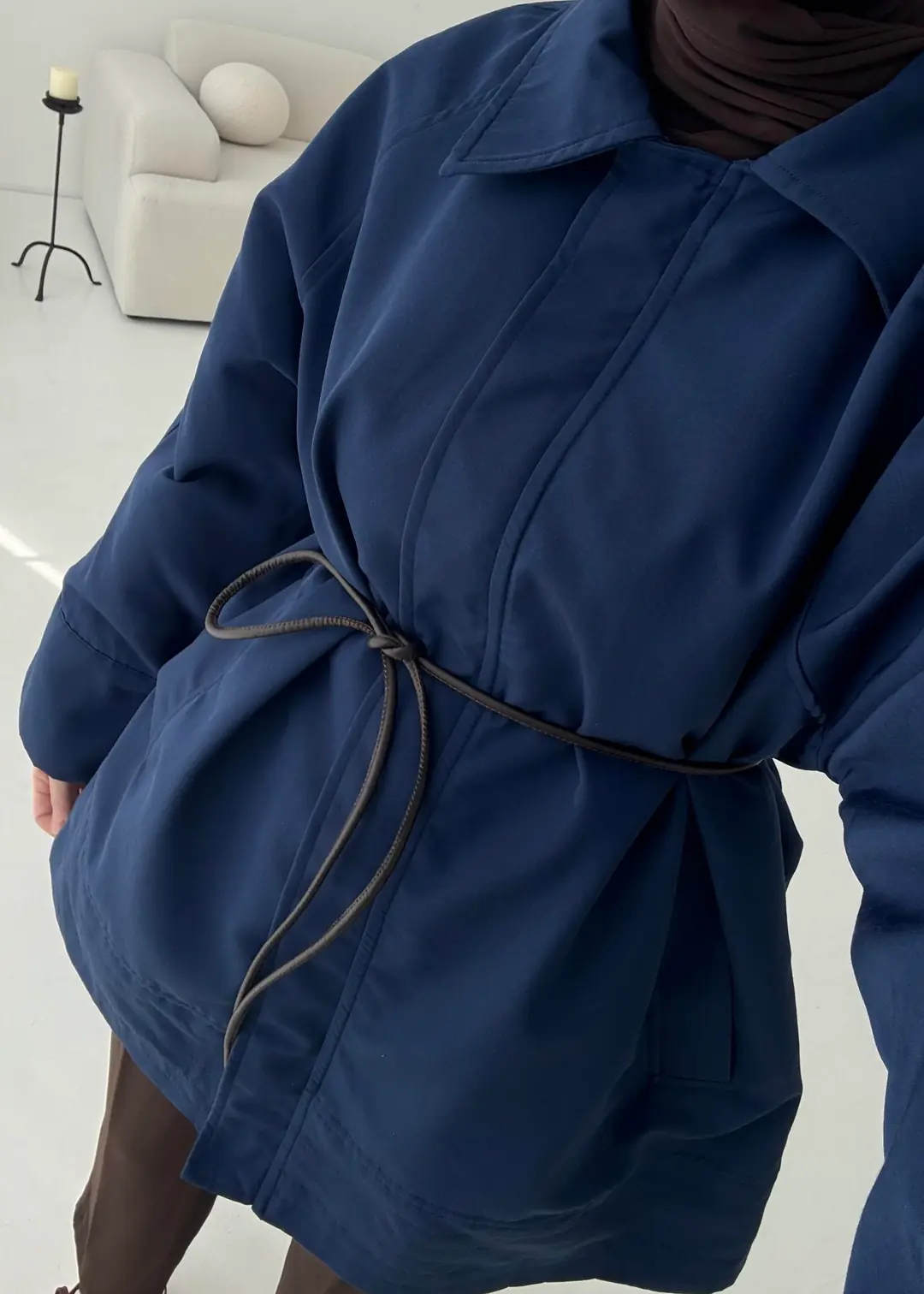 Deri Kemerli Premium Astarlı Fermuarlı Trençkot Lacivert - Görsel 9