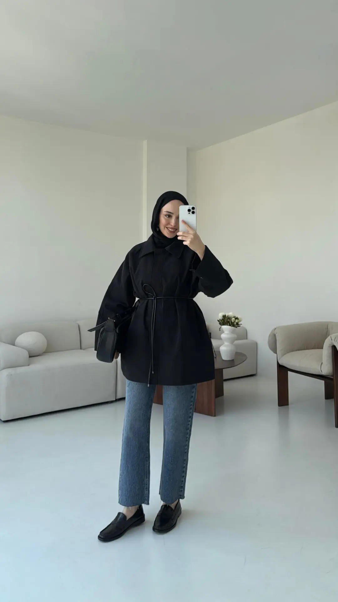 Deri Kemerli Premium Astarlı Fermuarlı Trençkot Siyah - Görsel 2