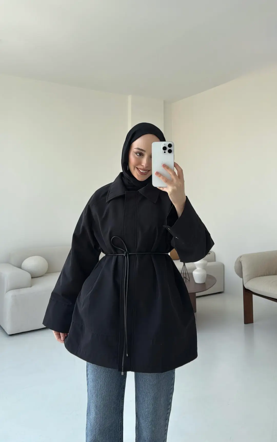 Deri Kemerli Premium Astarlı Fermuarlı Trençkot Siyah - Görsel 3