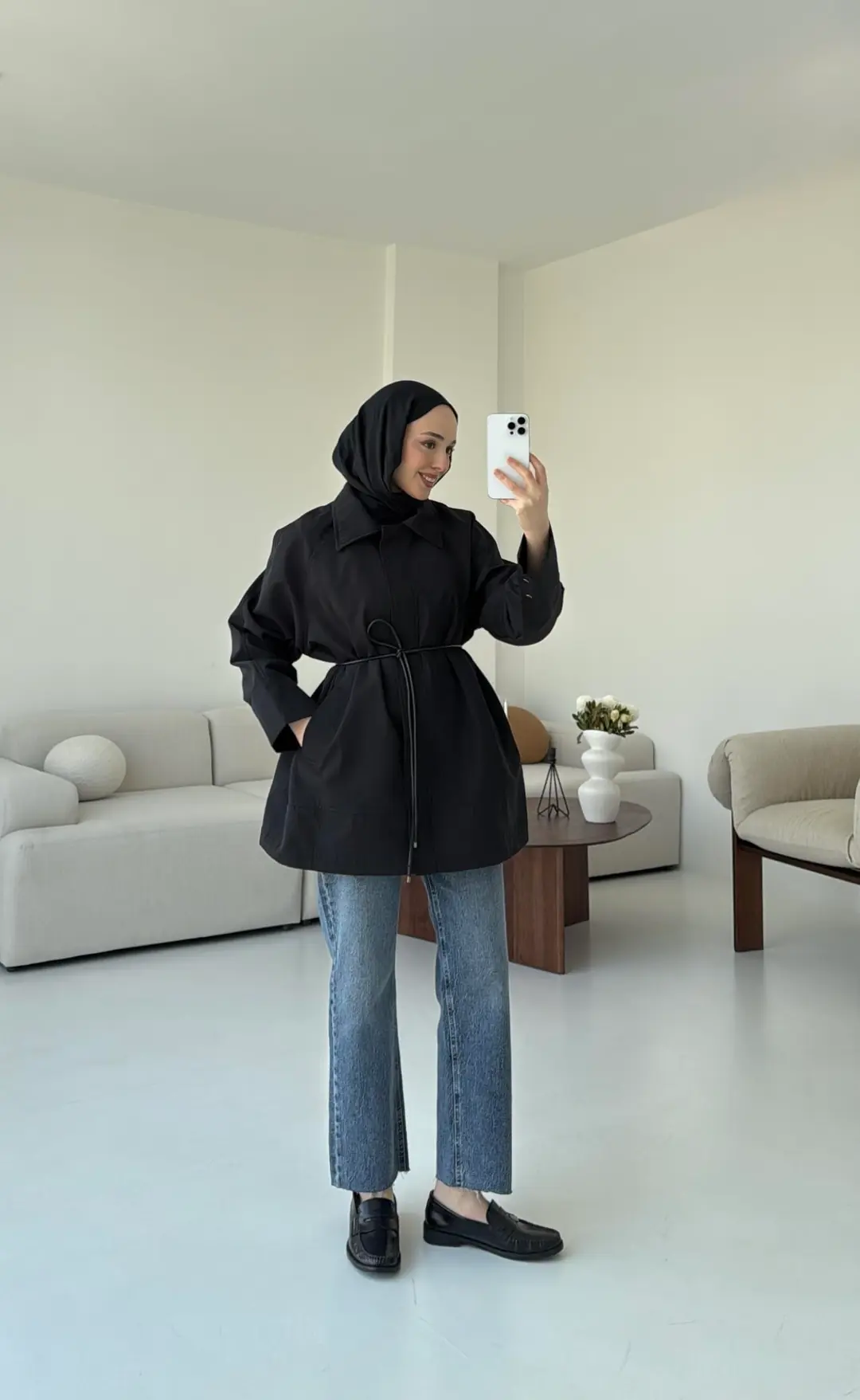 Deri Kemerli Premium Astarlı Fermuarlı Trençkot Siyah - Görsel 4