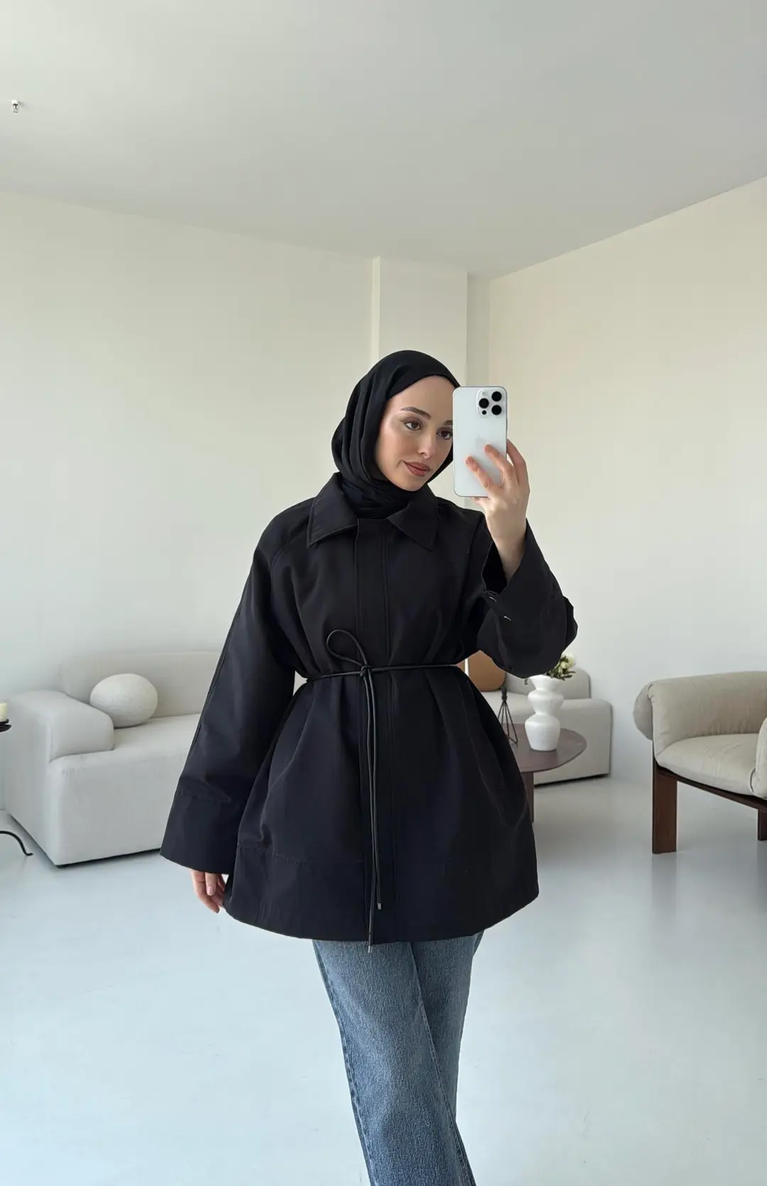 Deri Kemerli Premium Astarlı Fermuarlı Trençkot Siyah - Görsel 5