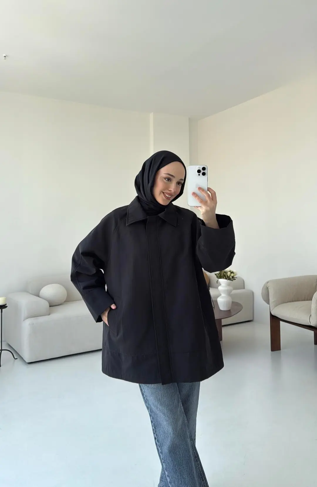 Deri Kemerli Premium Astarlı Fermuarlı Trençkot Siyah - Görsel 7