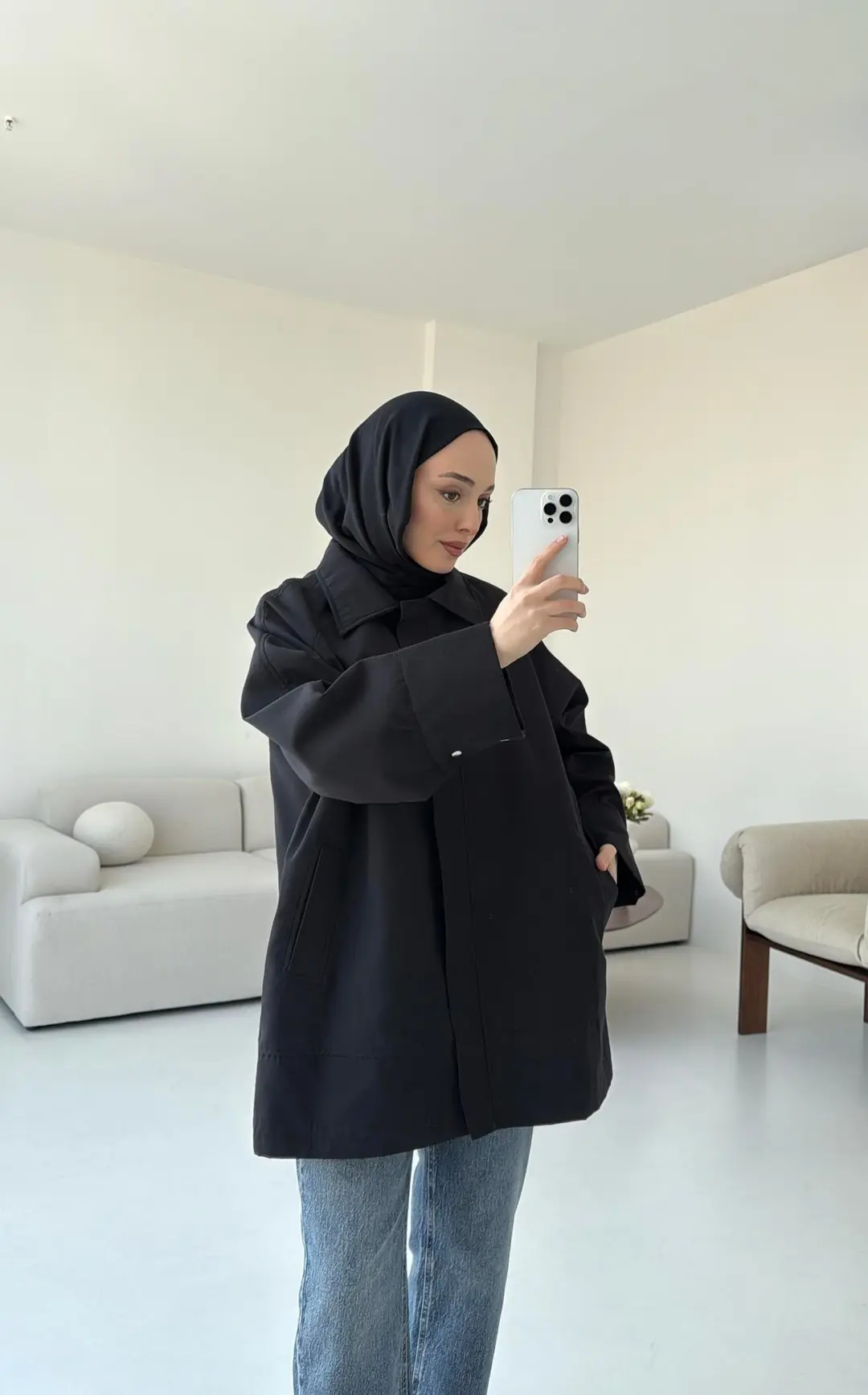 Deri Kemerli Premium Astarlı Fermuarlı Trençkot Siyah - Görsel 8