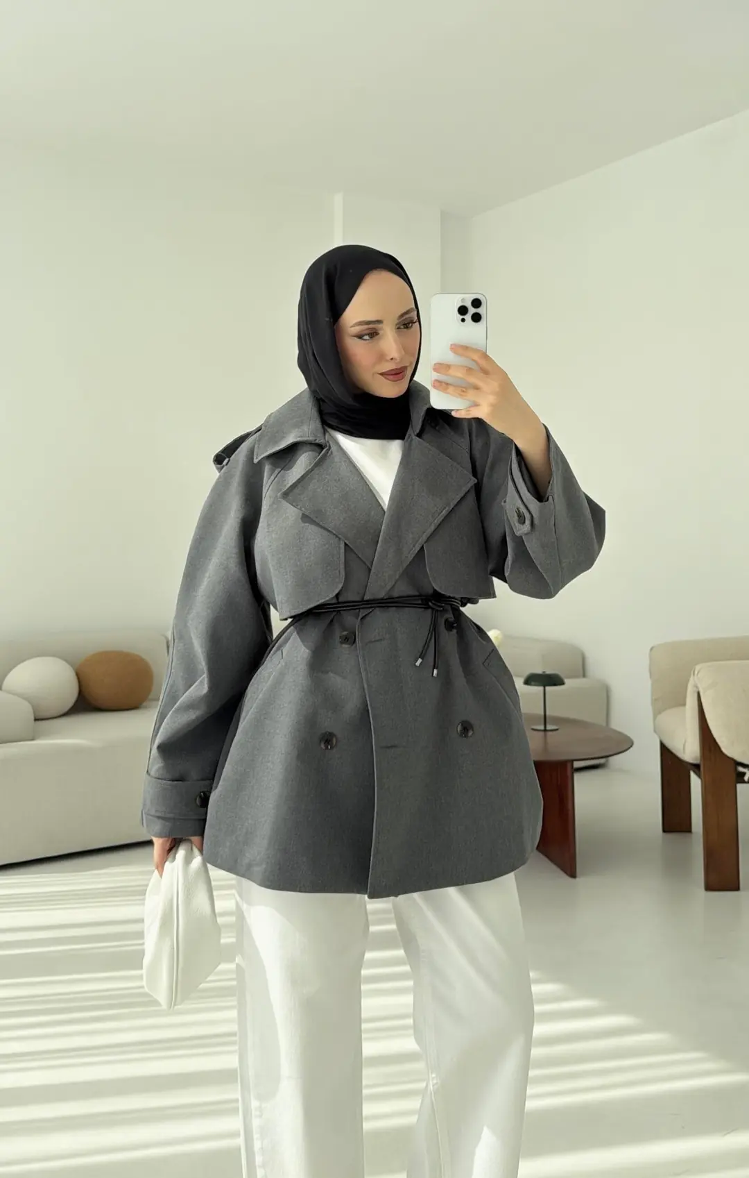 Deri Kemerli Trençkot Gri