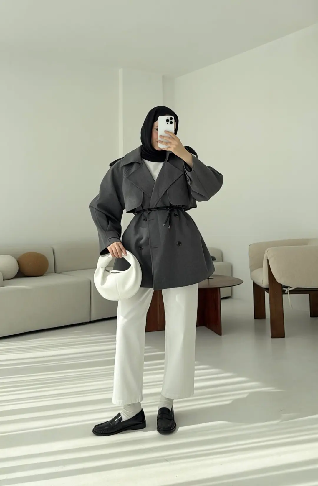 Deri Kemerli Trençkot Gri - Görsel 4