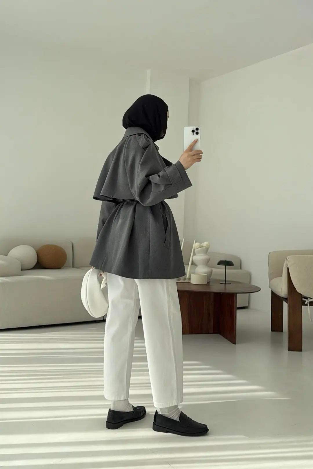 Deri Kemerli Trençkot Gri - Görsel 8