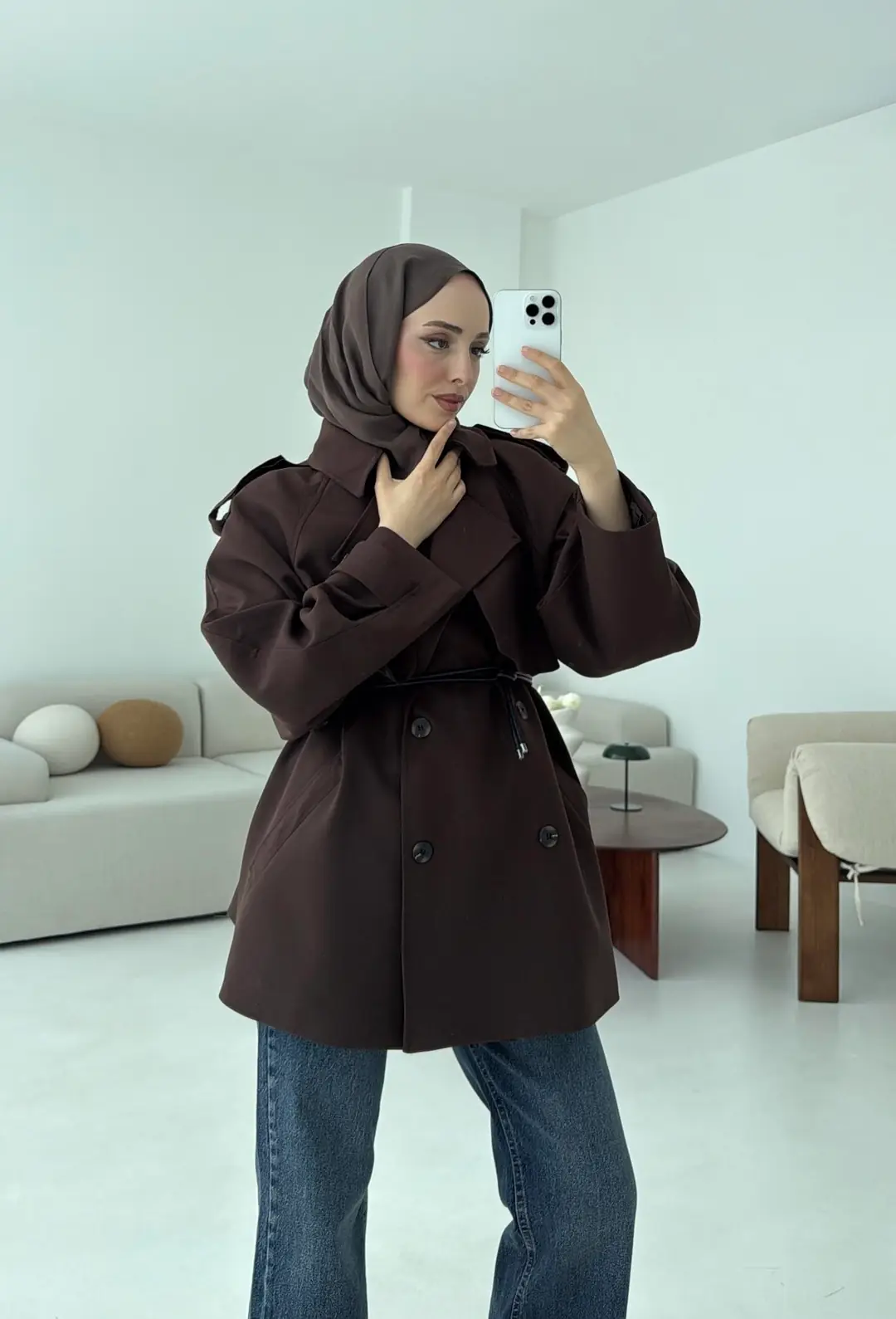 Deri Kemerli Trençkot Kahve - Görsel 10