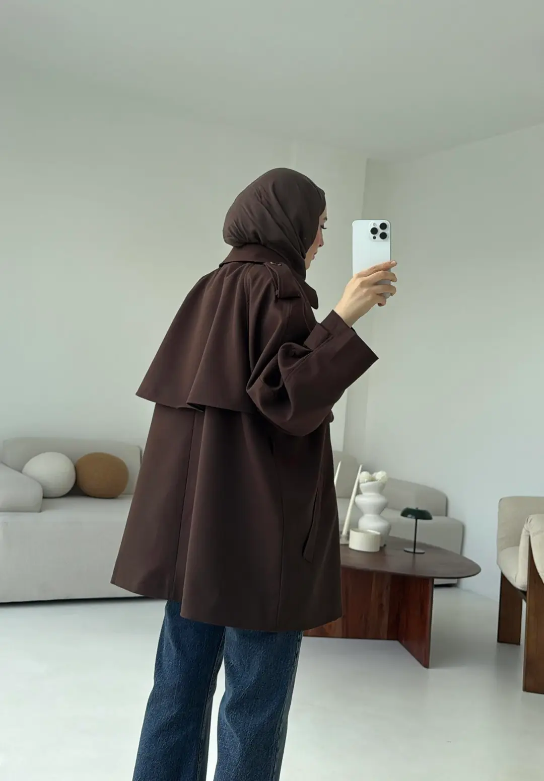 Deri Kemerli Trençkot Kahve - Görsel 2