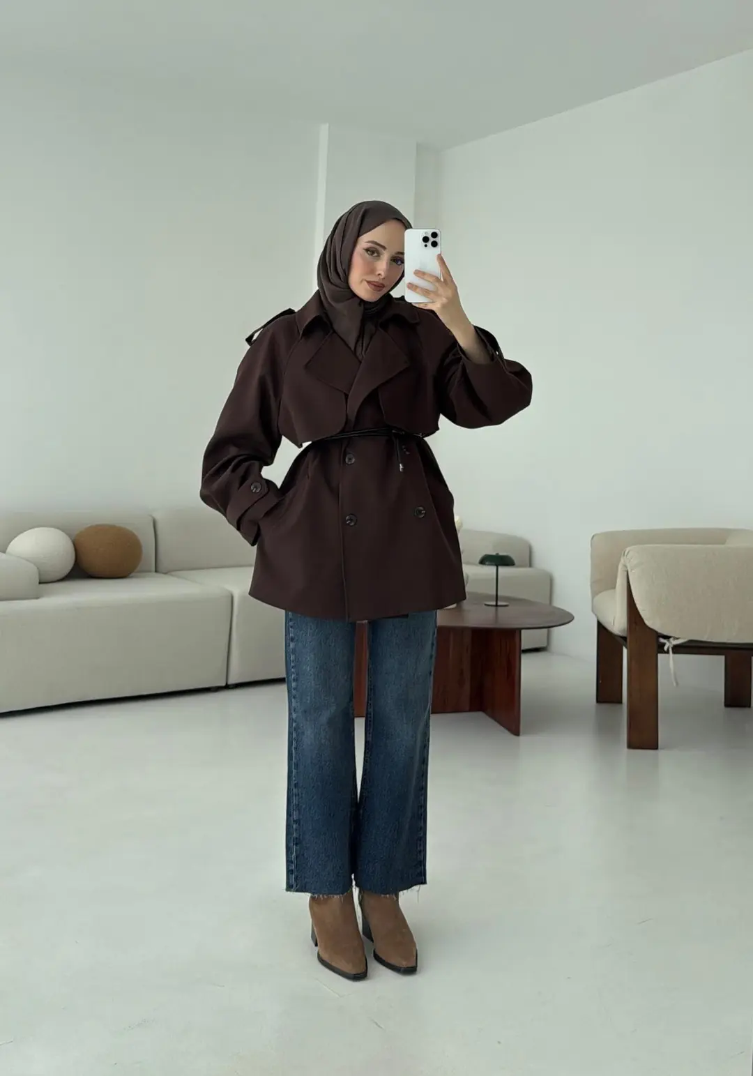 Deri Kemerli Trençkot Kahve - Görsel 5