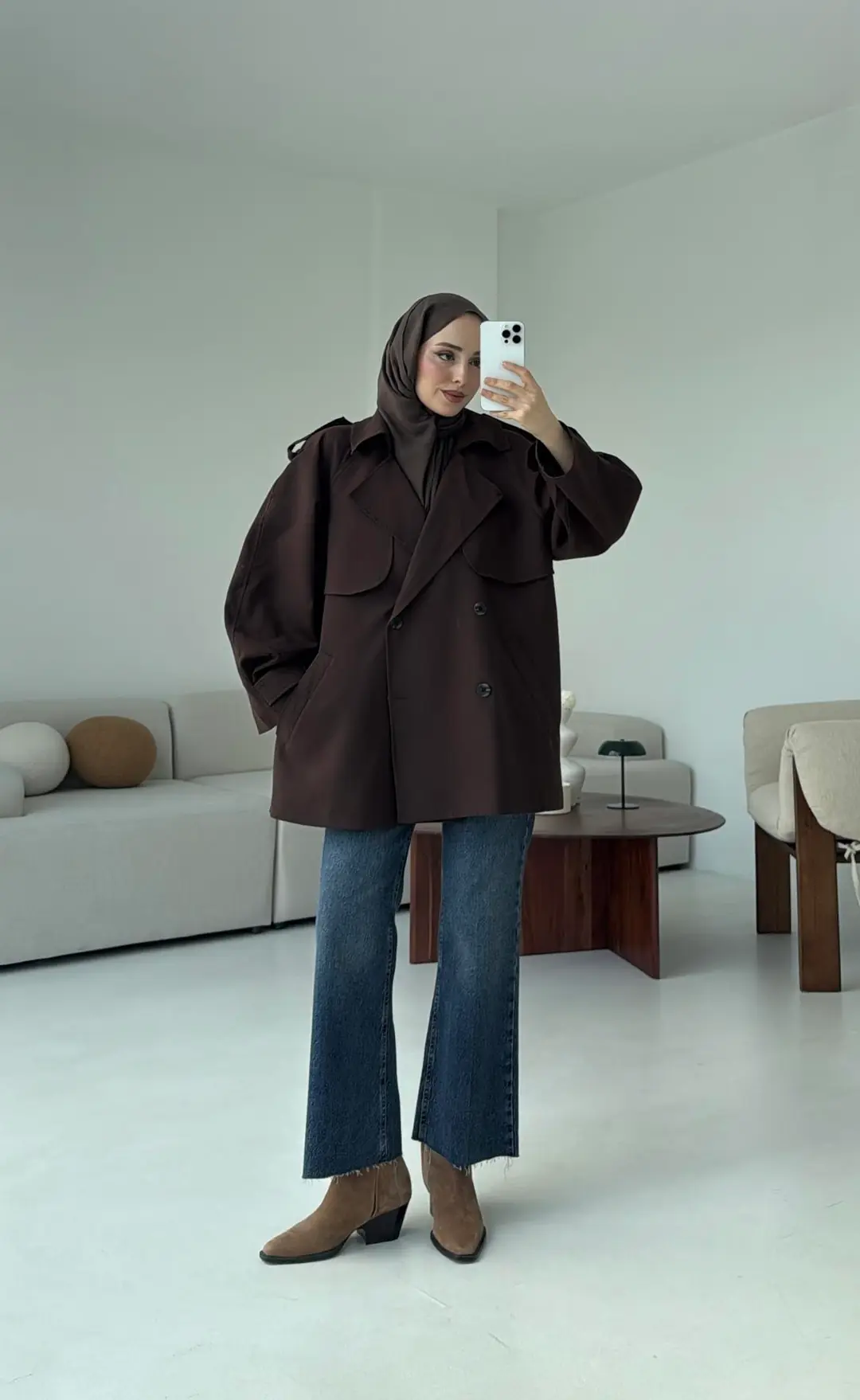 Deri Kemerli Trençkot Kahve - Görsel 7