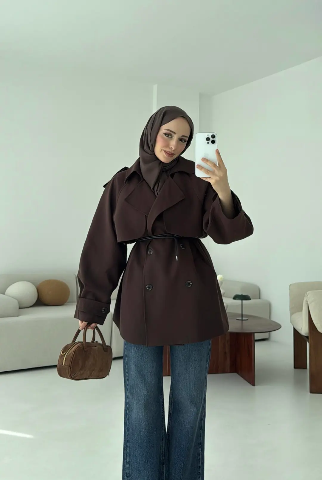 Deri Kemerli Trençkot Kahve - Görsel 8