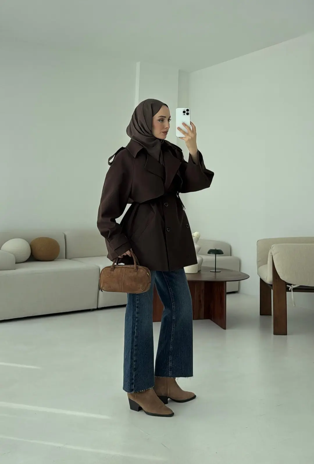 Deri Kemerli Trençkot Kahve - Görsel 9