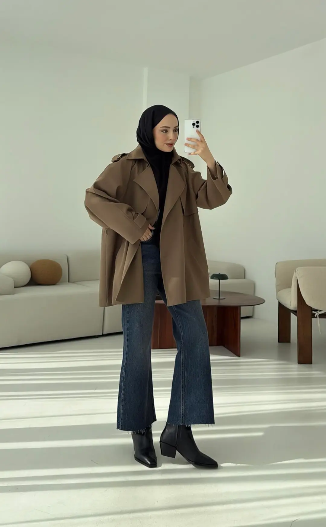 Deri Kemerli Trençkot Koyu Vizon - Görsel 5