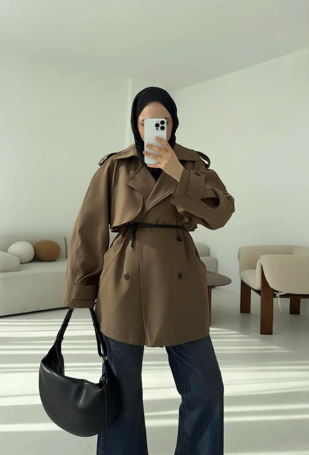 Deri Kemerli Trençkot Koyu Vizon - Görsel 7