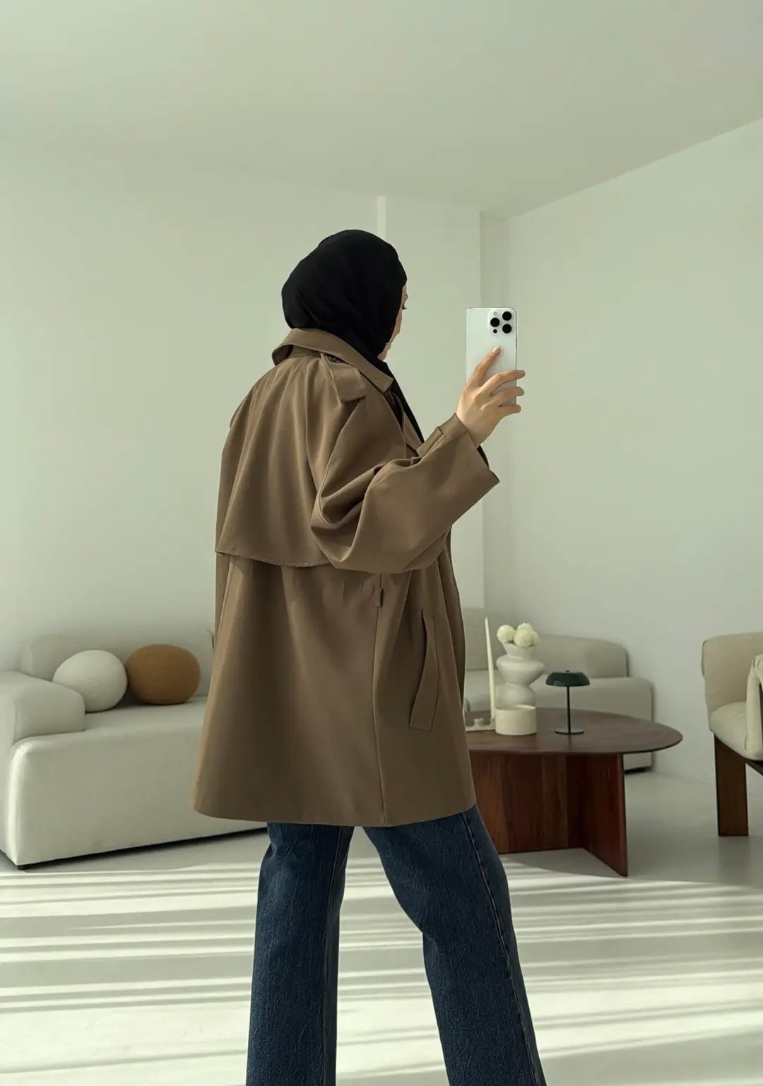 Deri Kemerli Trençkot Koyu Vizon - Görsel 8