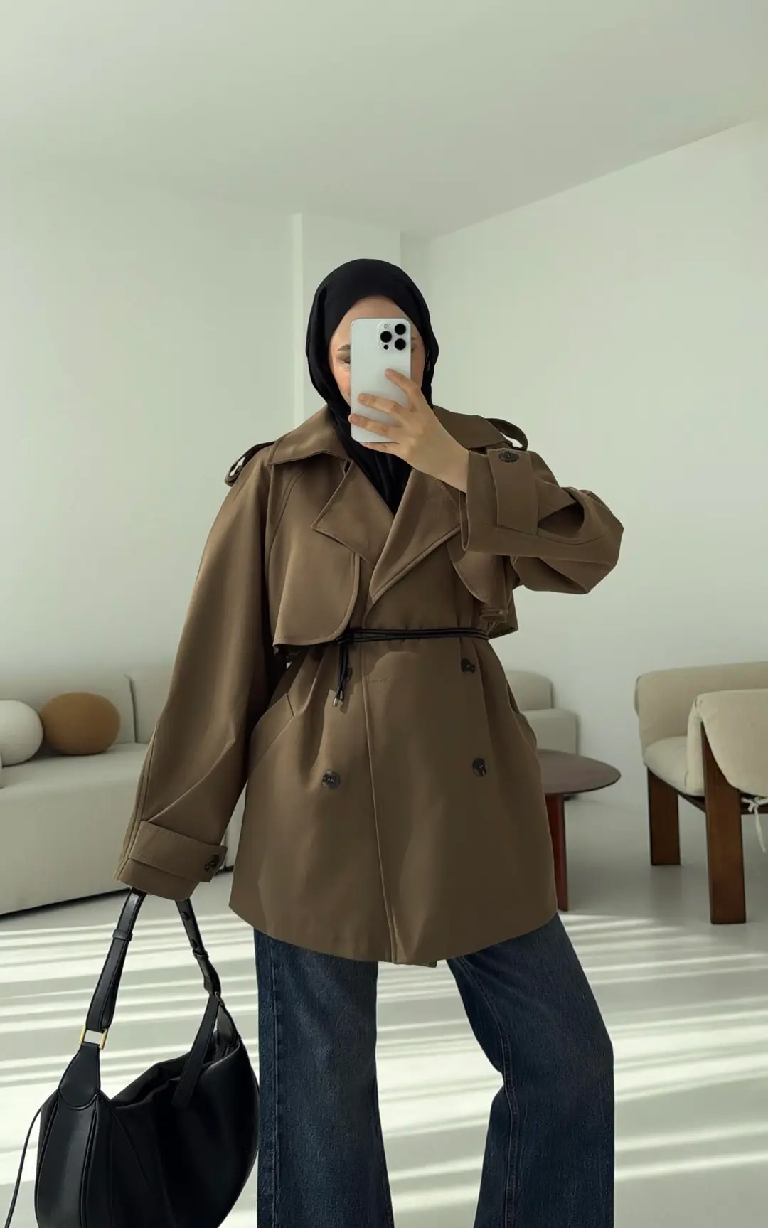 Deri Kemerli Trençkot Koyu Vizon - Görsel 9