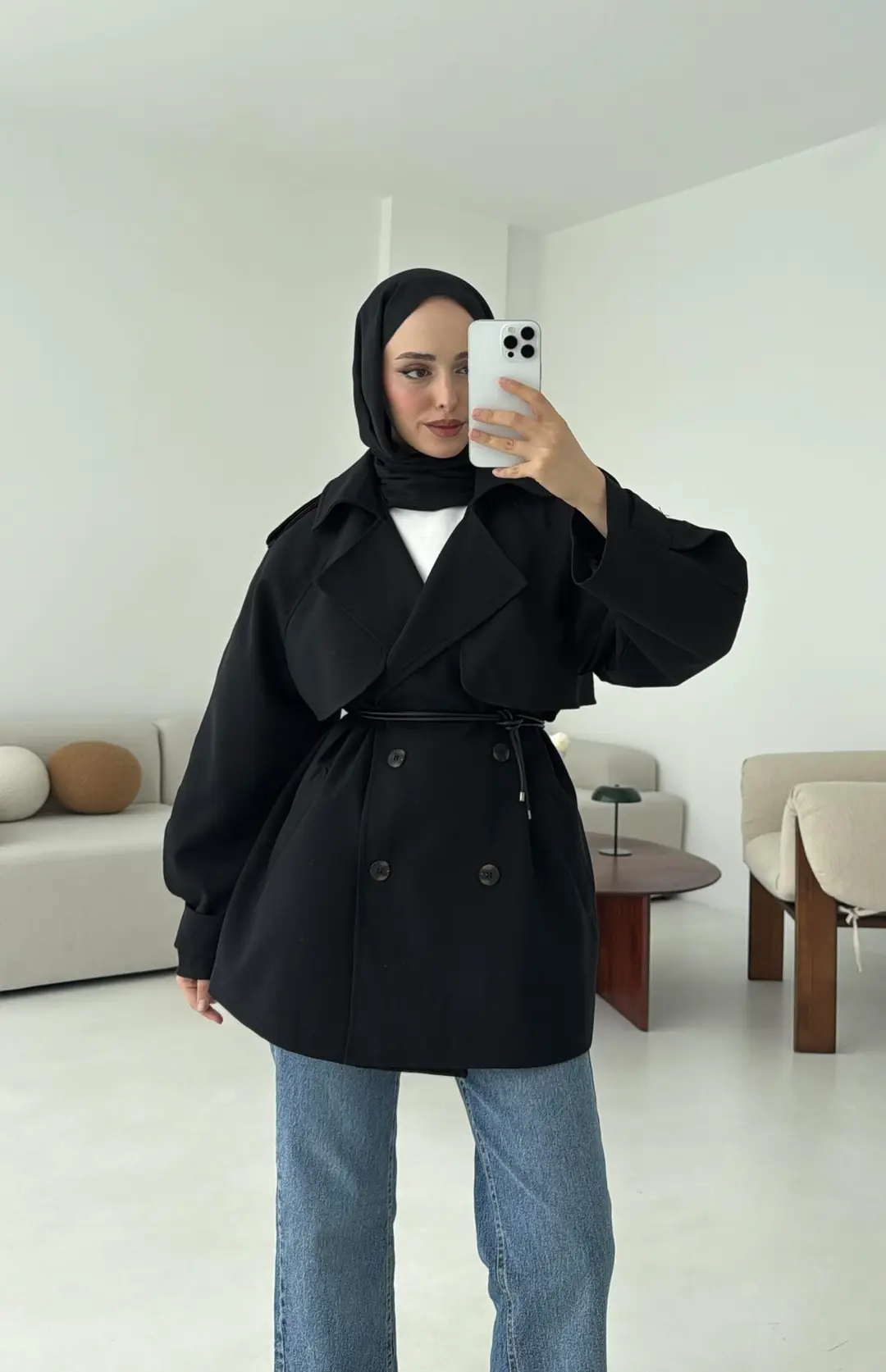 Deri Kemerli Trençkot Siyah - Görsel 3