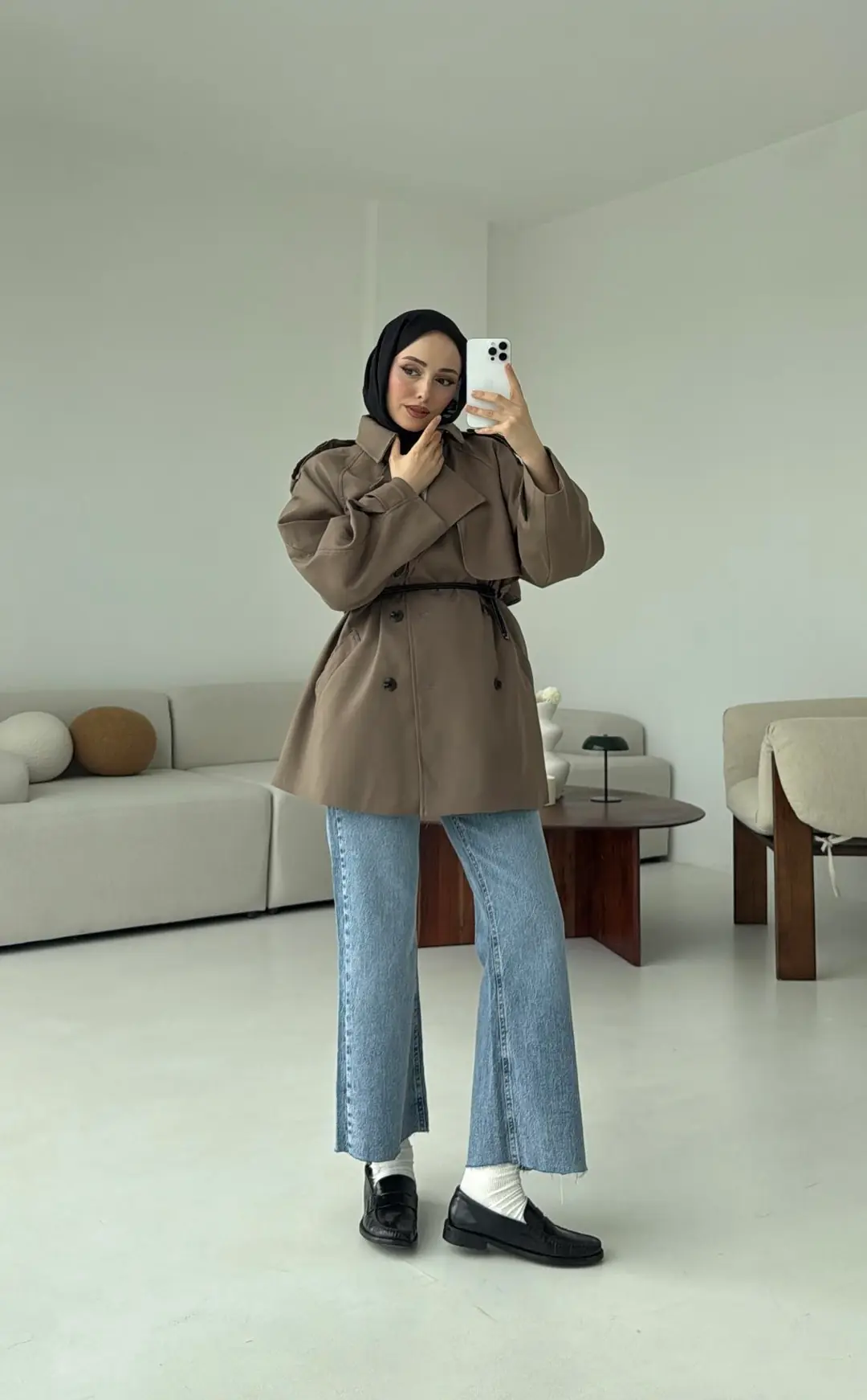 Deri Kemerli Trençkot Vizon - Görsel 6