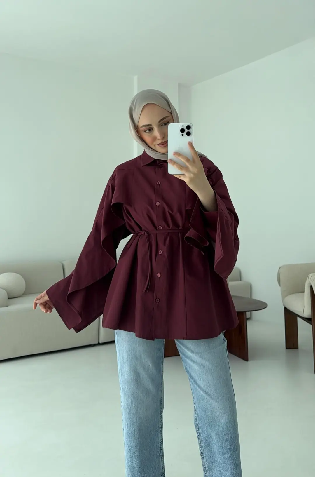 Detaylı Poplin Gömlek Bordo - Görsel 6