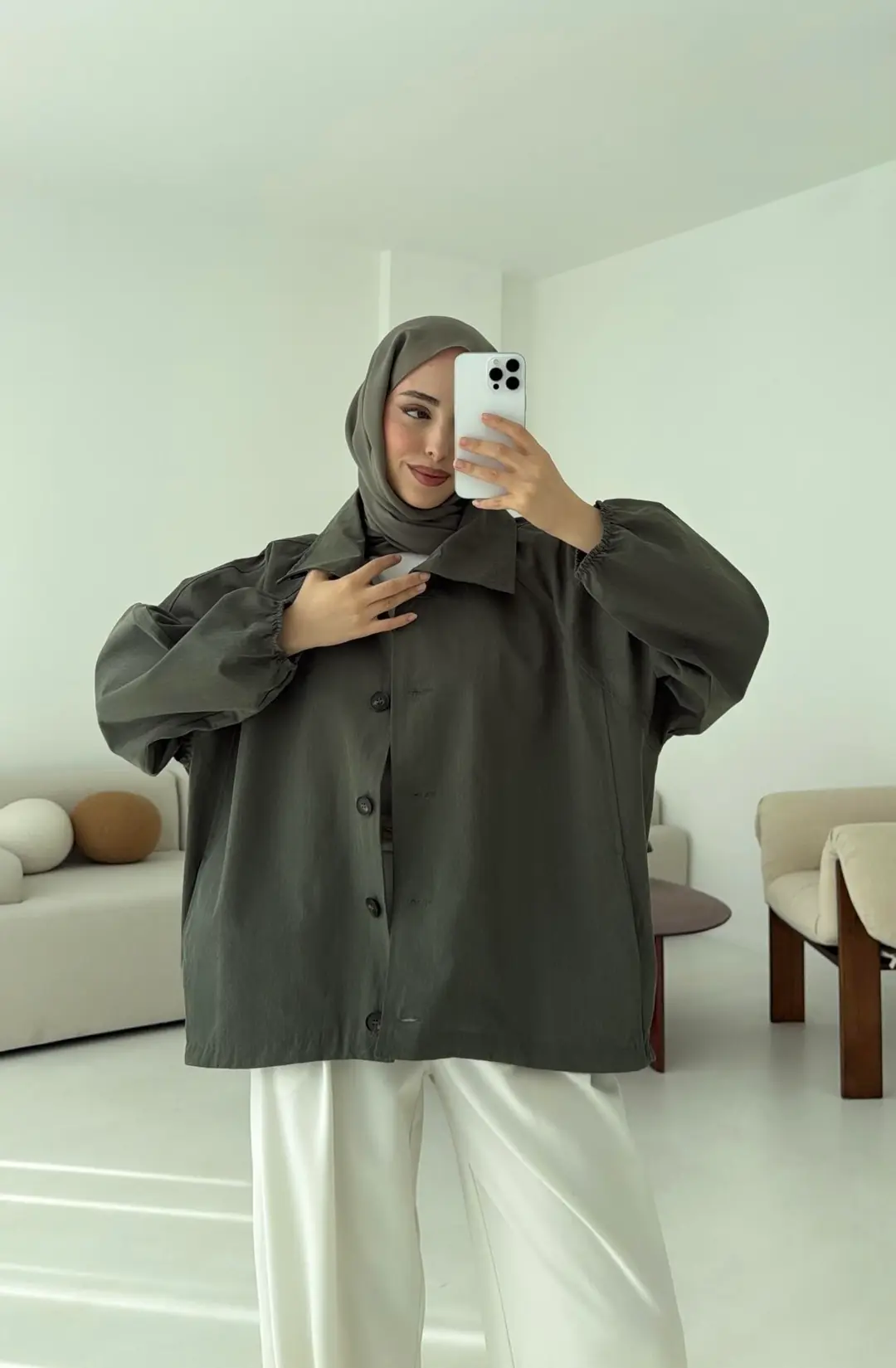 Dik Yaka Bomber Trençkot Haki - Görsel 4