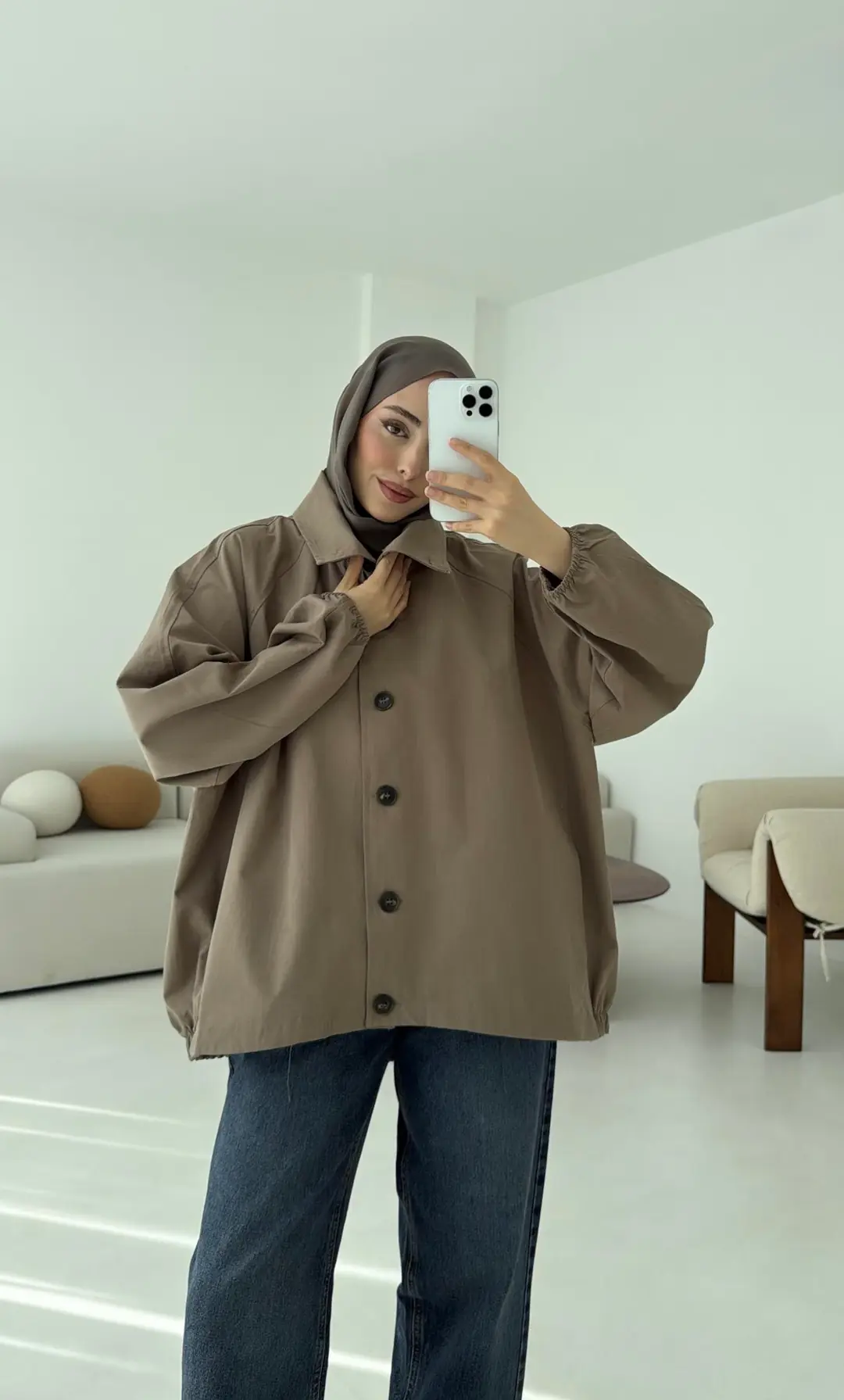 Dik Yaka Bomber Trençkot Vizon - Görsel 4