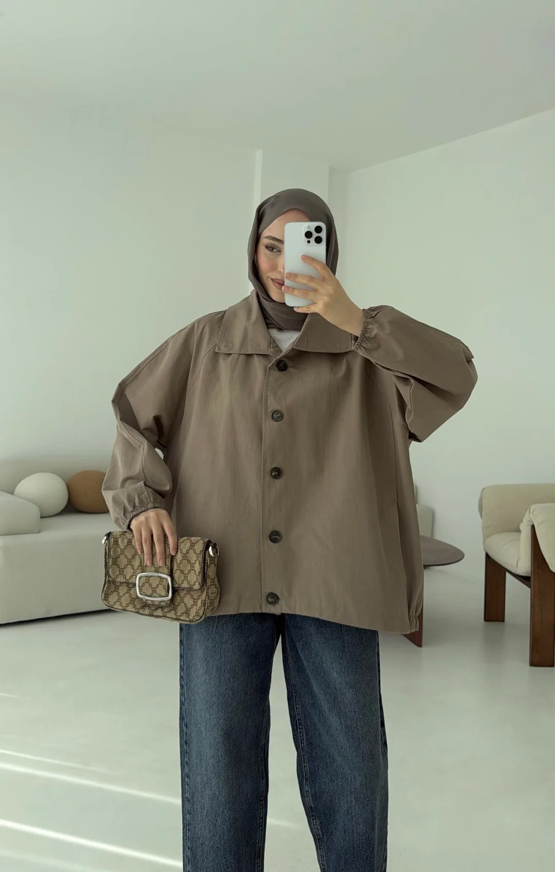 Dik Yaka Bomber Trençkot Vizon - Görsel 8