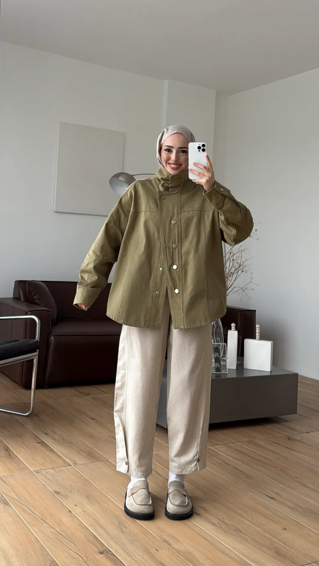 Dik Yaka Çıtçıtlı Gabardin Ceket Açık Yeşil