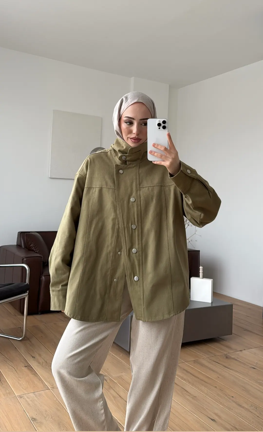 Dik Yaka Çıtçıtlı Gabardin Ceket Açık Yeşil - Görsel 6