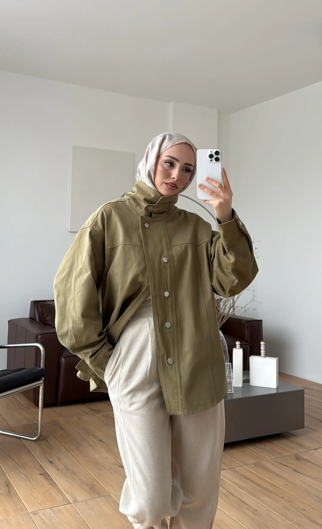 Dik Yaka Çıtçıtlı Gabardin Ceket Açık Yeşil - Görsel 7