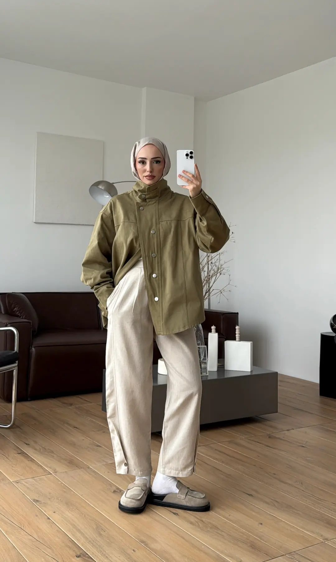 Dik Yaka Çıtçıtlı Gabardin Ceket Açık Yeşil - Görsel 8