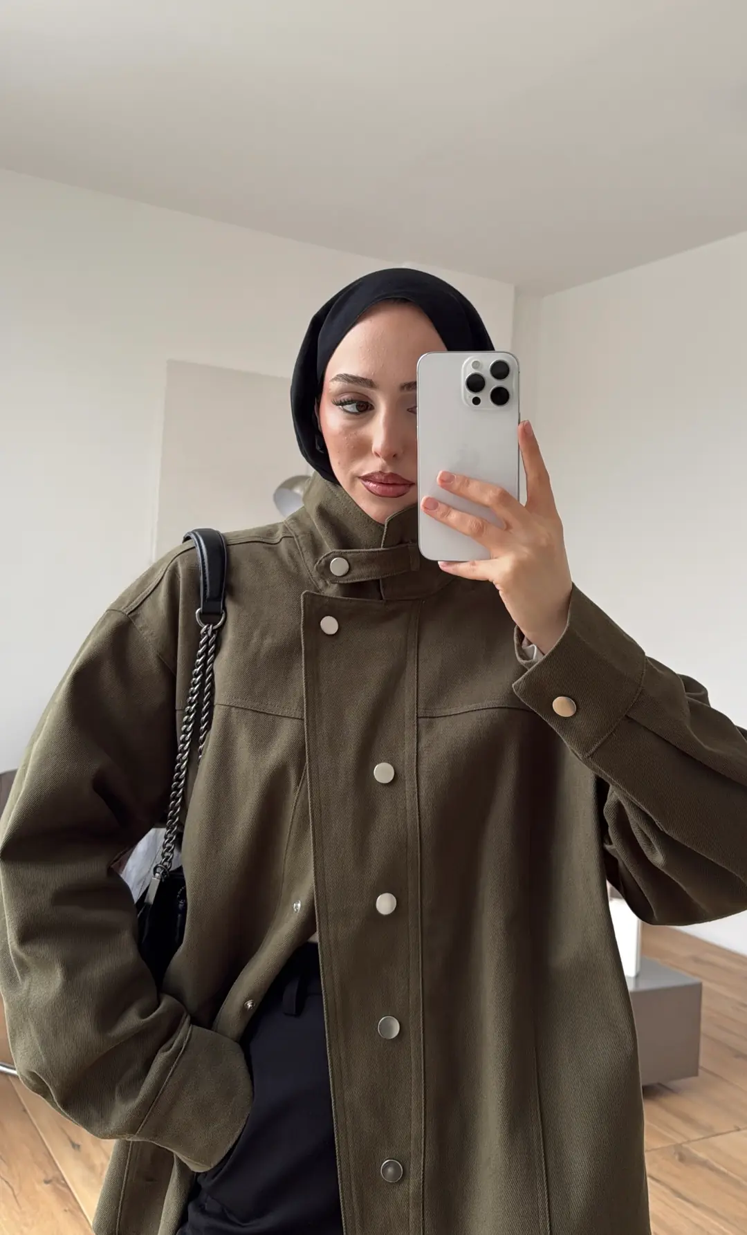 Dik Yaka Çıtçıtlı Gabardin Ceket Haki - Görsel 2