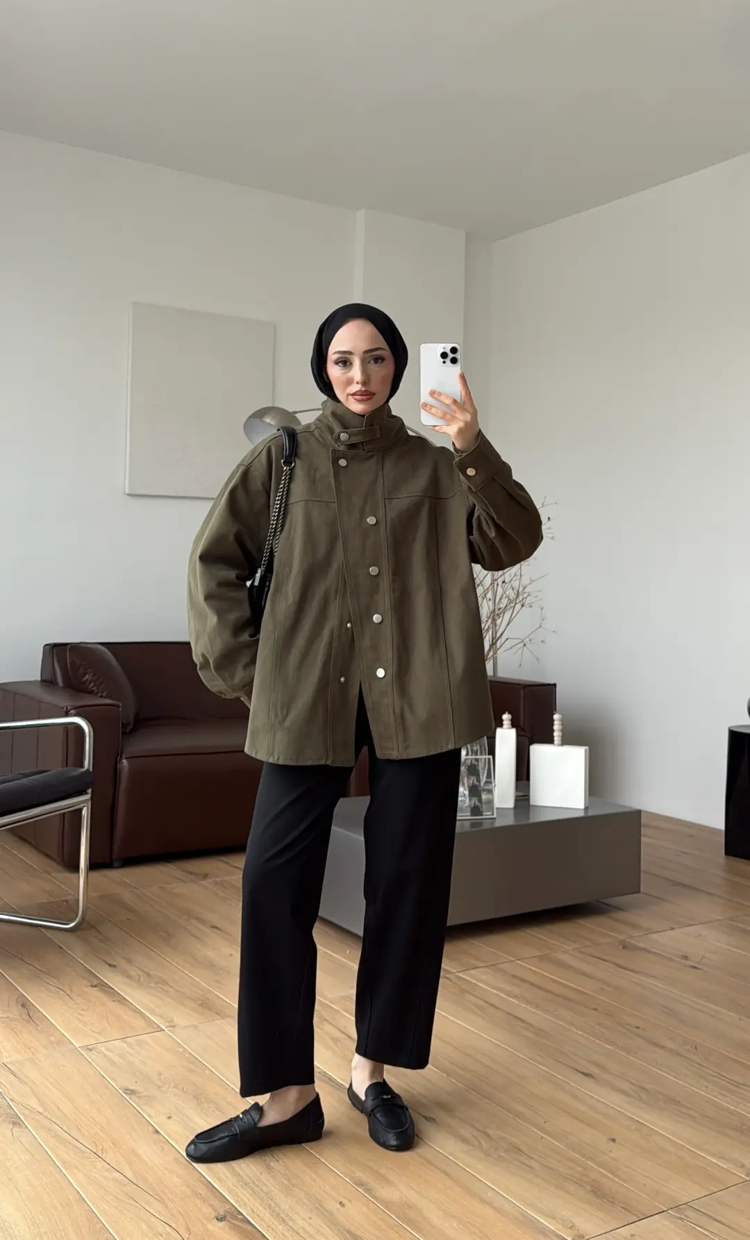 Dik Yaka Çıtçıtlı Gabardin Ceket Haki - Görsel 3