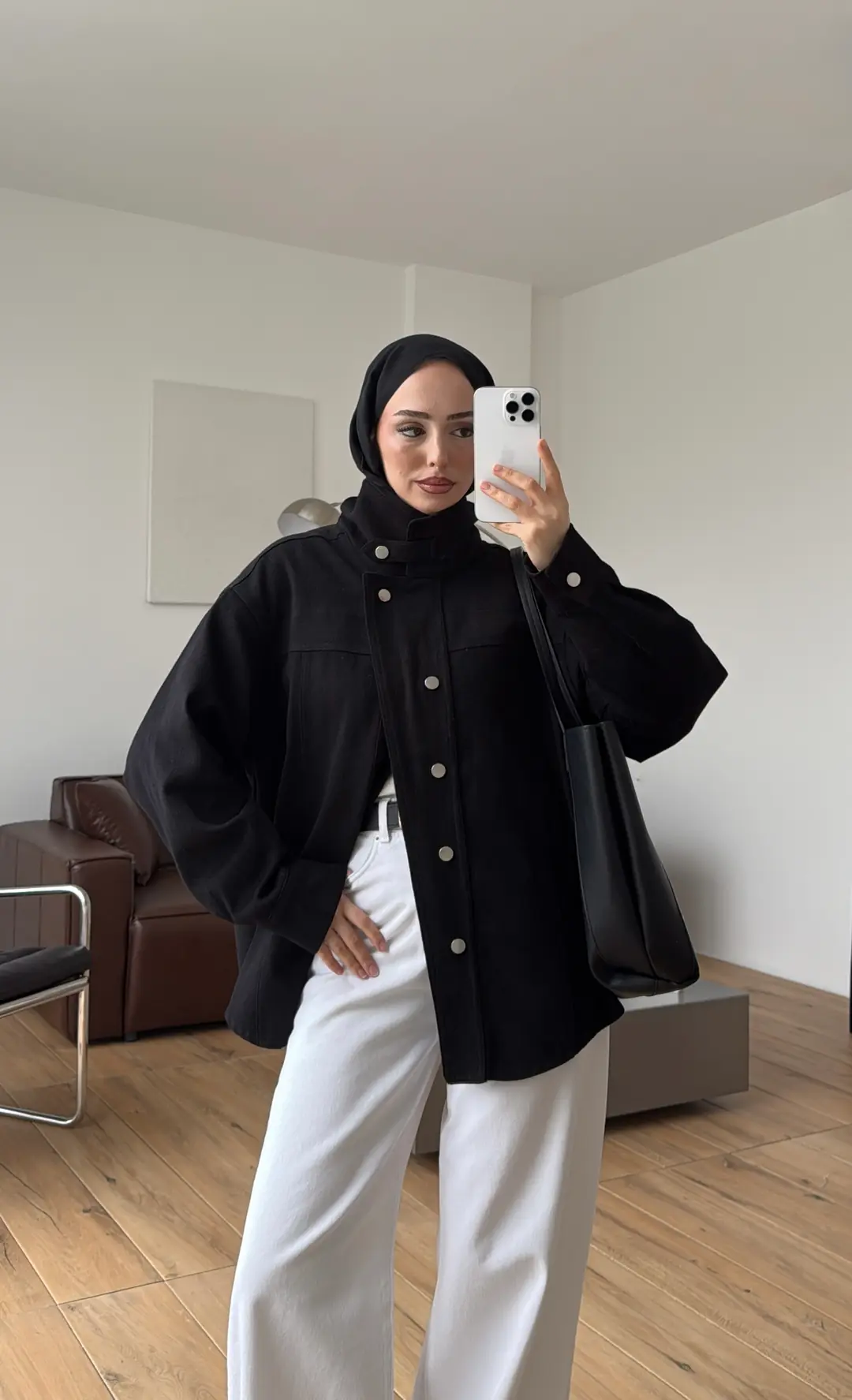 Dik Yaka Çıtçıtlı Gabardin Ceket Siyah - Görsel 2