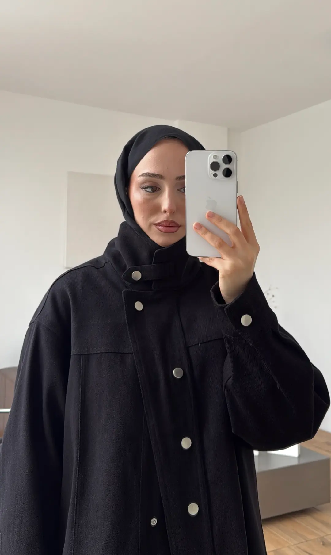 Dik Yaka Çıtçıtlı Gabardin Ceket Siyah - Görsel 5