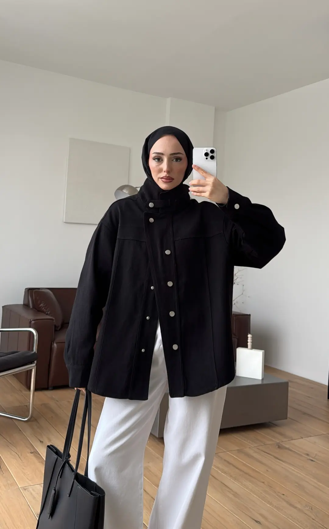 Dik Yaka Çıtçıtlı Gabardin Ceket Siyah - Görsel 6