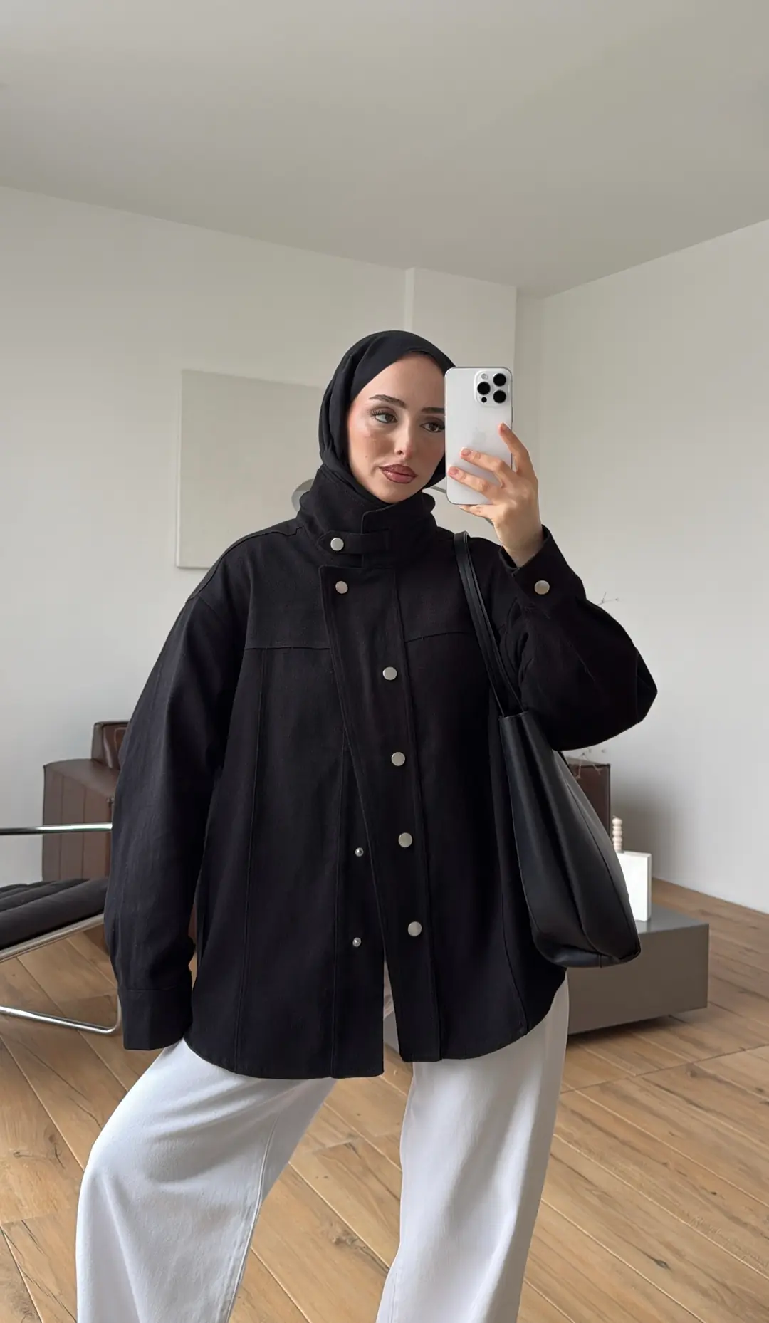 Dik Yaka Çıtçıtlı Gabardin Ceket Siyah - Görsel 7