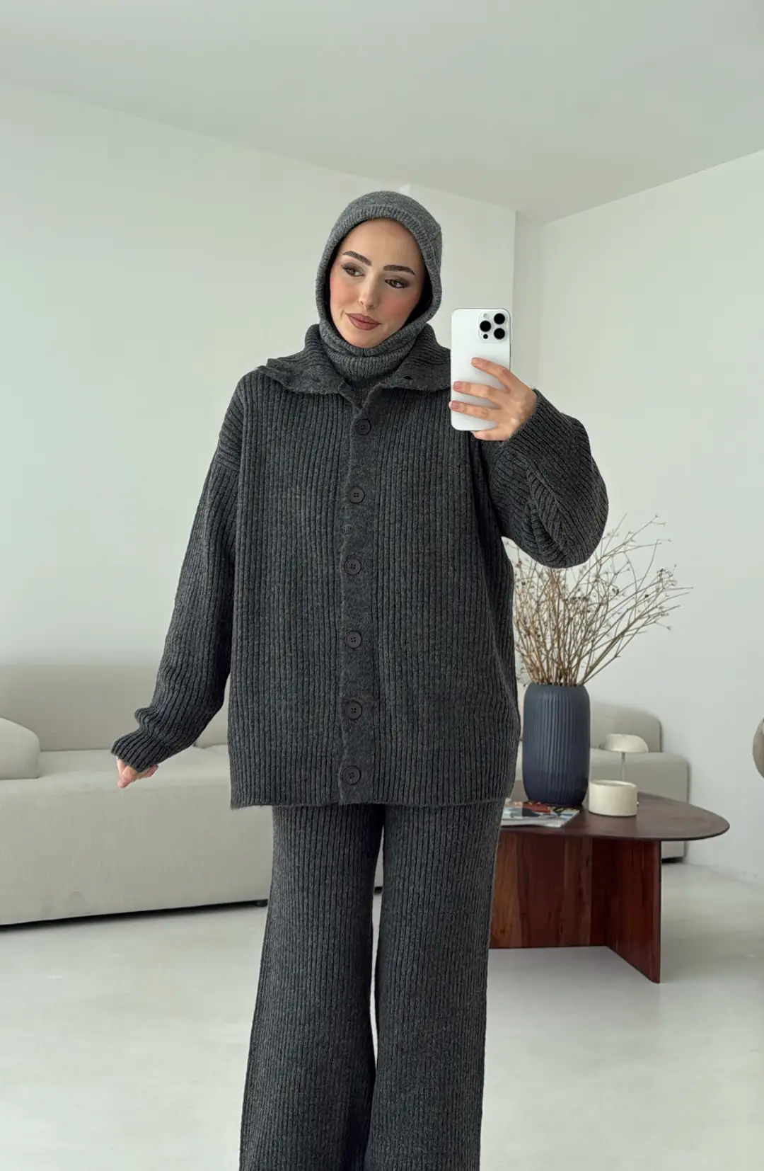 Dik Yaka Düğmeli Triko Takım Antrasit - Görsel 2