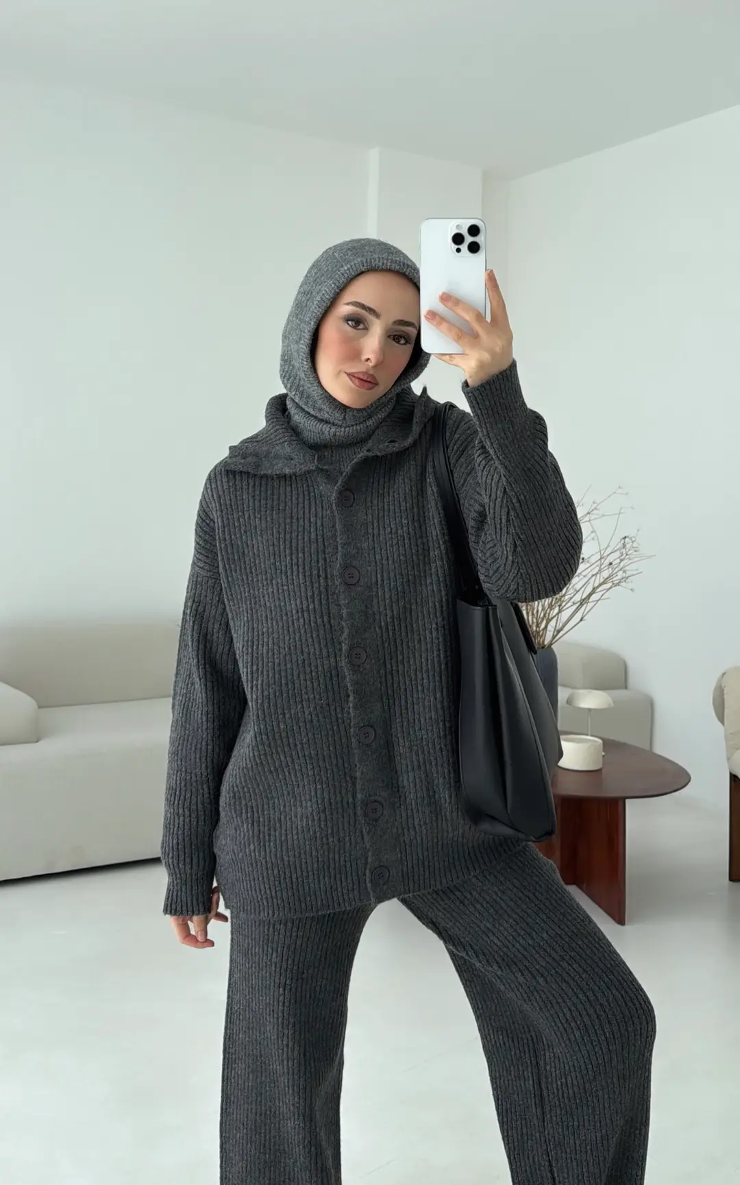 Dik Yaka Düğmeli Triko Takım Antrasit - Görsel 5