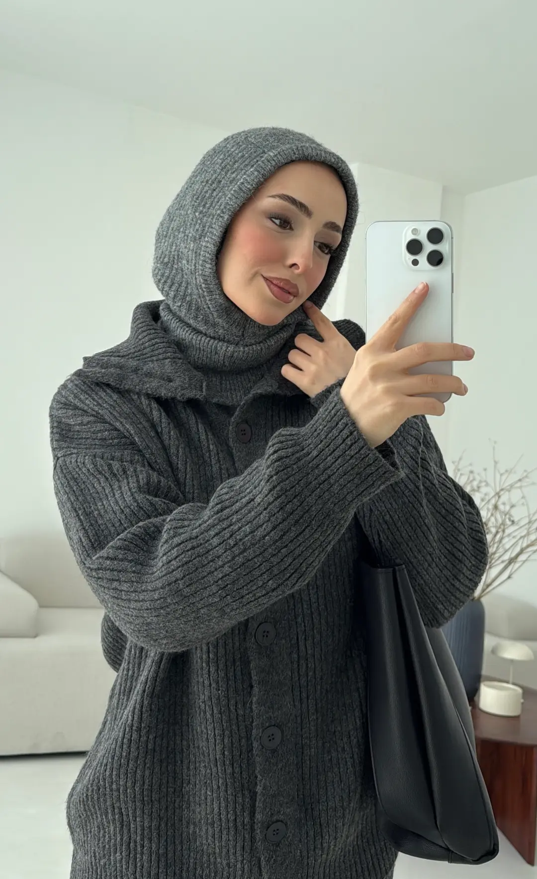 Dik Yaka Düğmeli Triko Takım Antrasit - Görsel 7