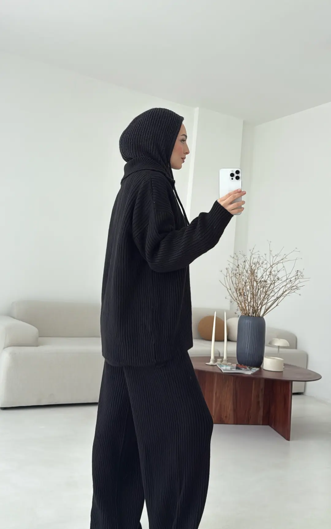 Dik Yaka Düğmeli Triko Takım Siyah - Görsel 2