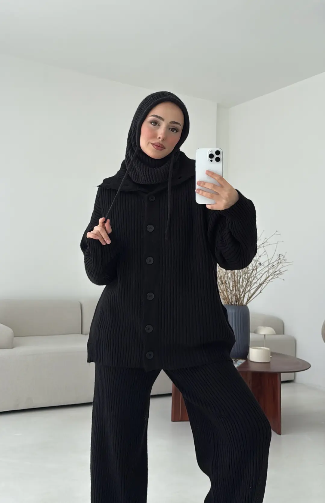 Dik Yaka Düğmeli Triko Takım Siyah - Görsel 4